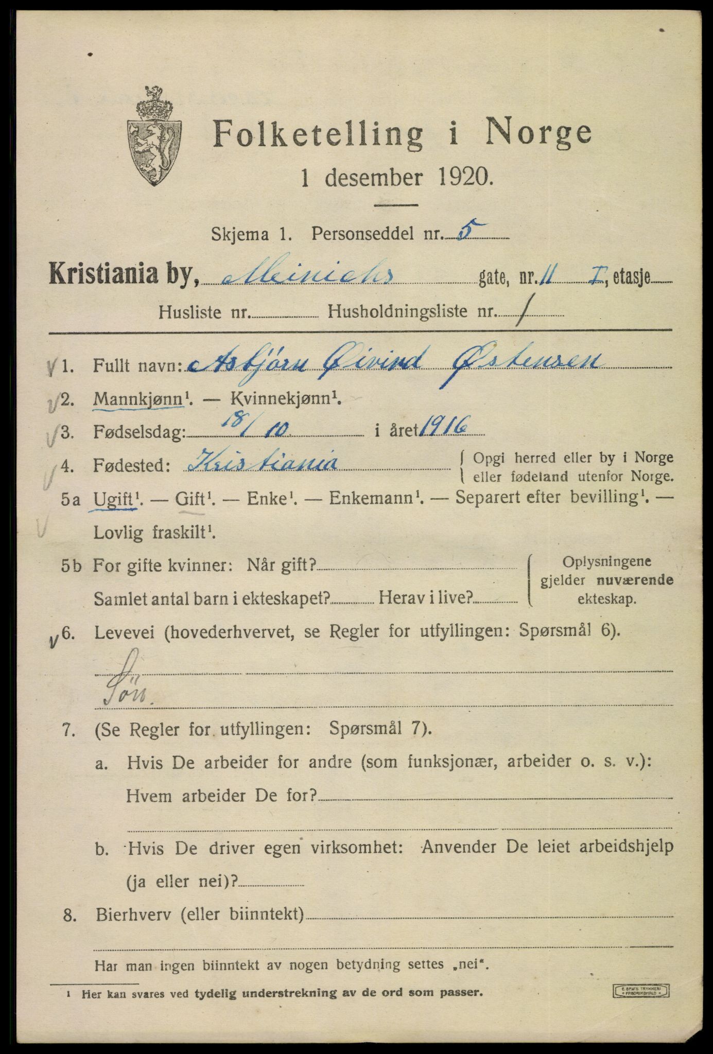 SAO, 1920 census for Kristiania, 1920, p. 393569