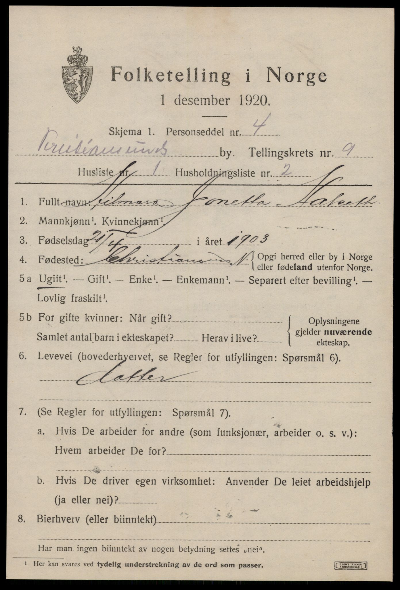 SAT, 1920 census for Kristiansund, 1920, p. 21387