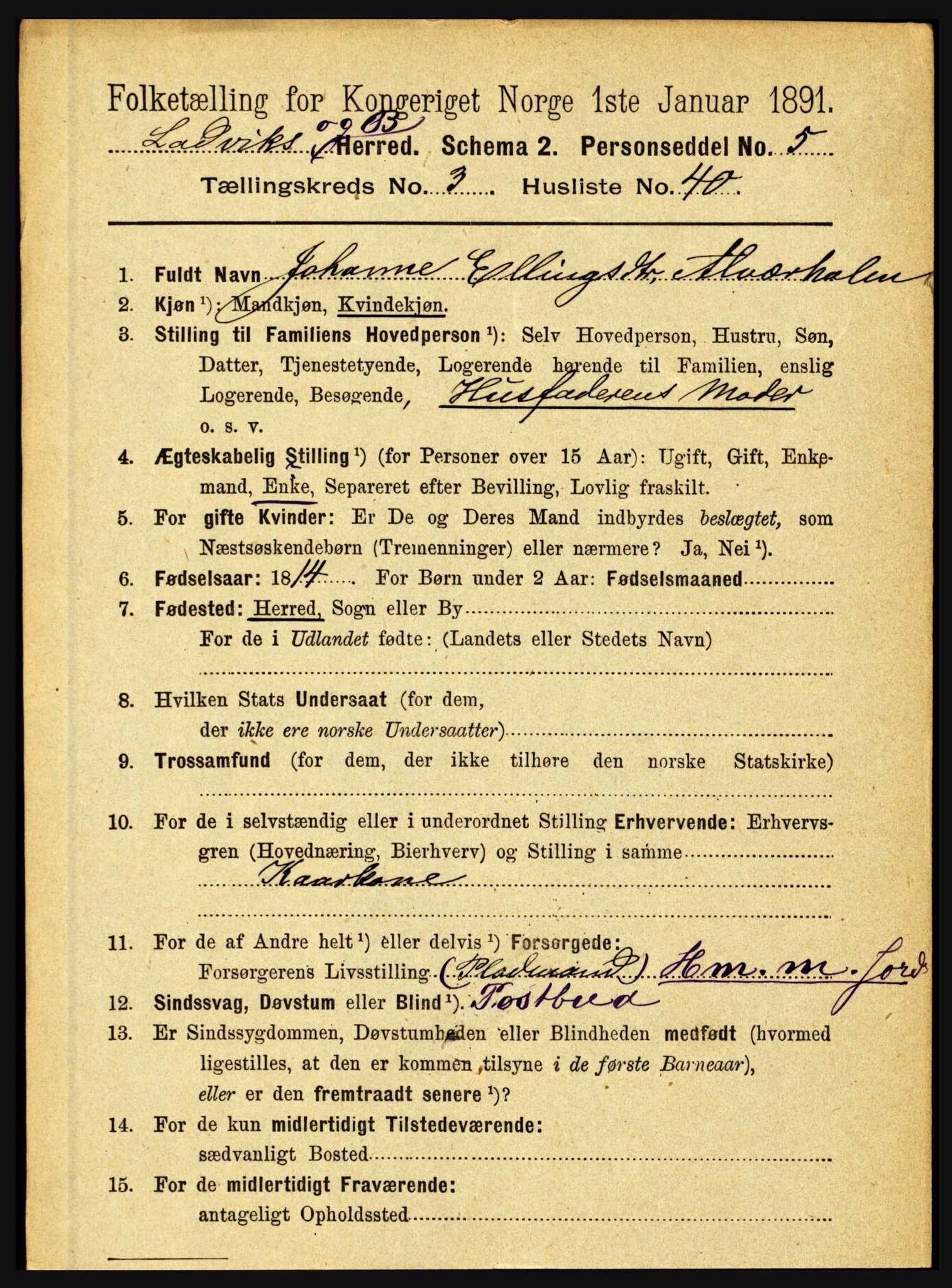 RA, 1891 census for 1415 Lavik og Brekke, 1891, p. 752