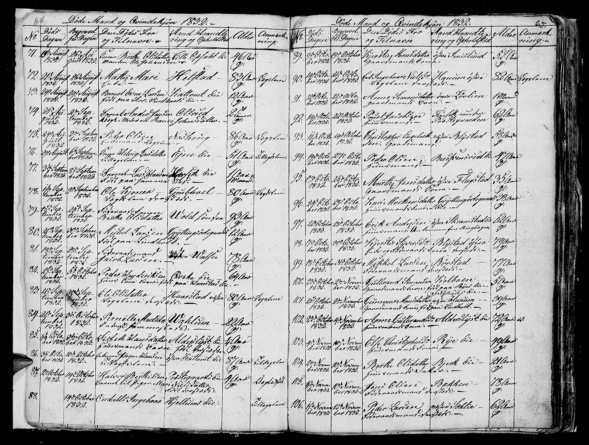 Vang prestekontor, Hedmark, AV/SAH-PREST-008/H/Ha/Hab/L0006: Parish register (copy) no. 6, 1819-1832, p. 64-65