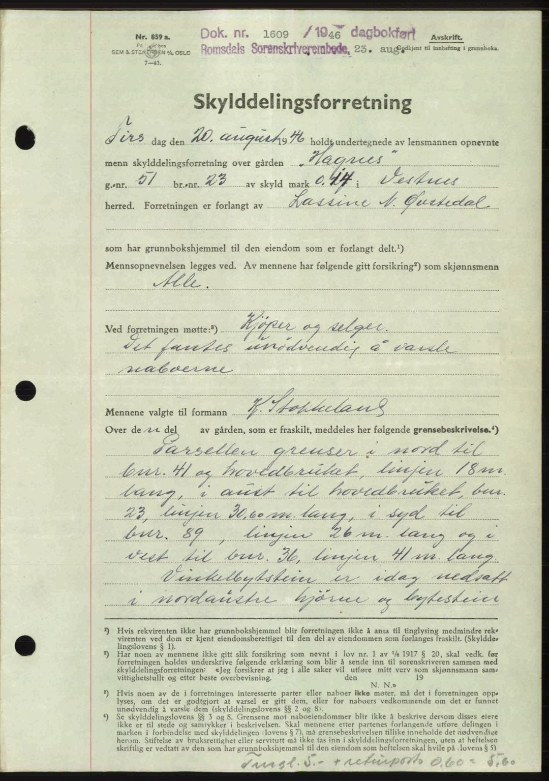 Romsdal sorenskriveri, AV/SAT-A-4149/1/2/2C: Mortgage book no. A20, 1946-1946, Diary no: : 1609/1946