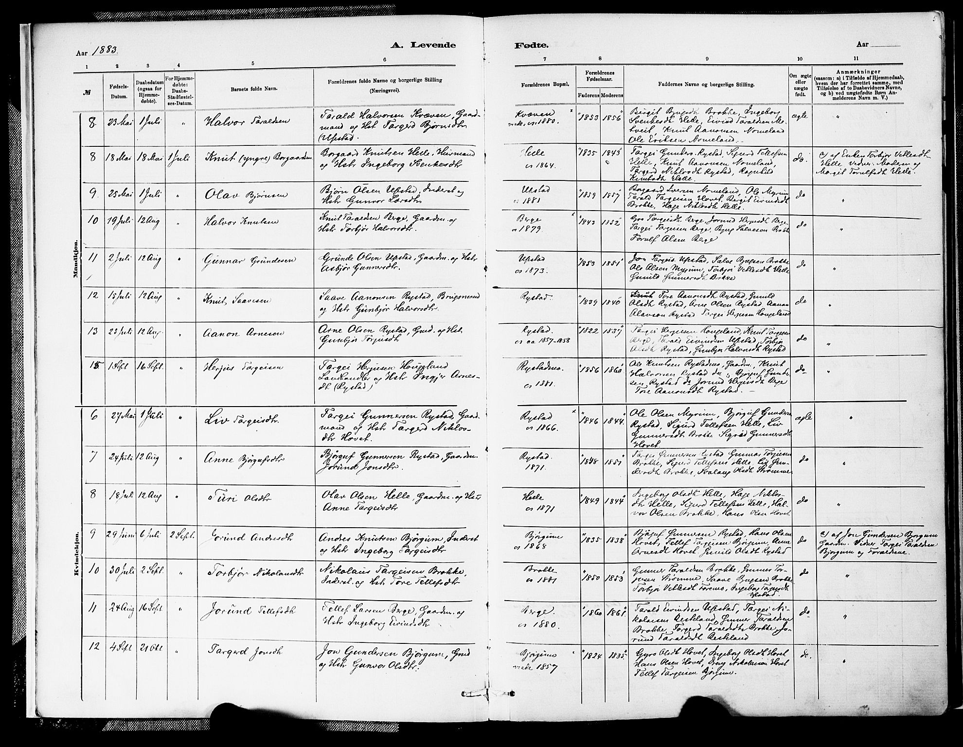 Valle sokneprestkontor, SAK/1111-0044/F/Fa/Fab/L0001: Parish register (official) no. A 1, 1882-1910, p. 5