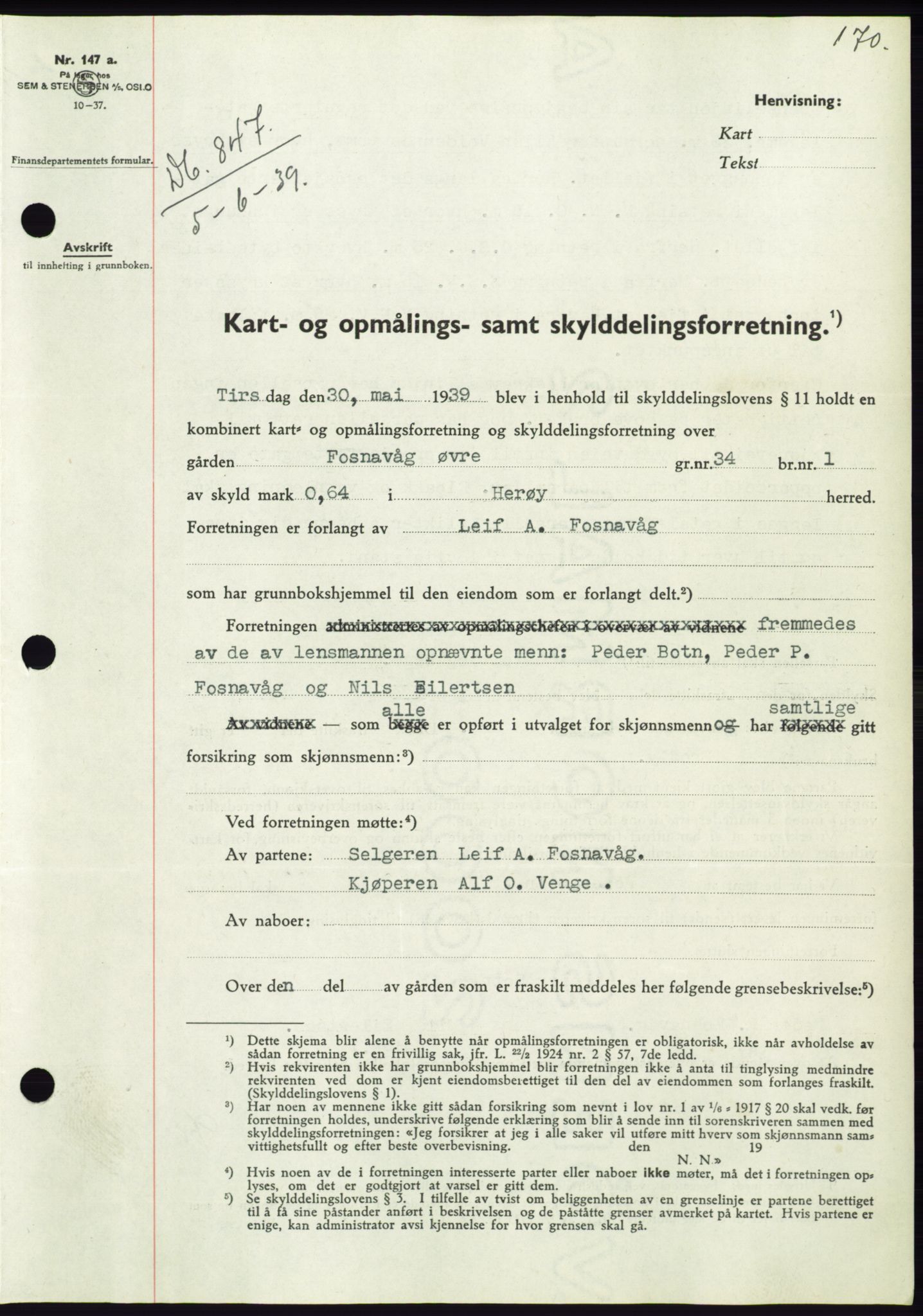 Søre Sunnmøre sorenskriveri, AV/SAT-A-4122/1/2/2C/L0068: Mortgage book no. 62, 1939-1939, Diary no: : 847/1939