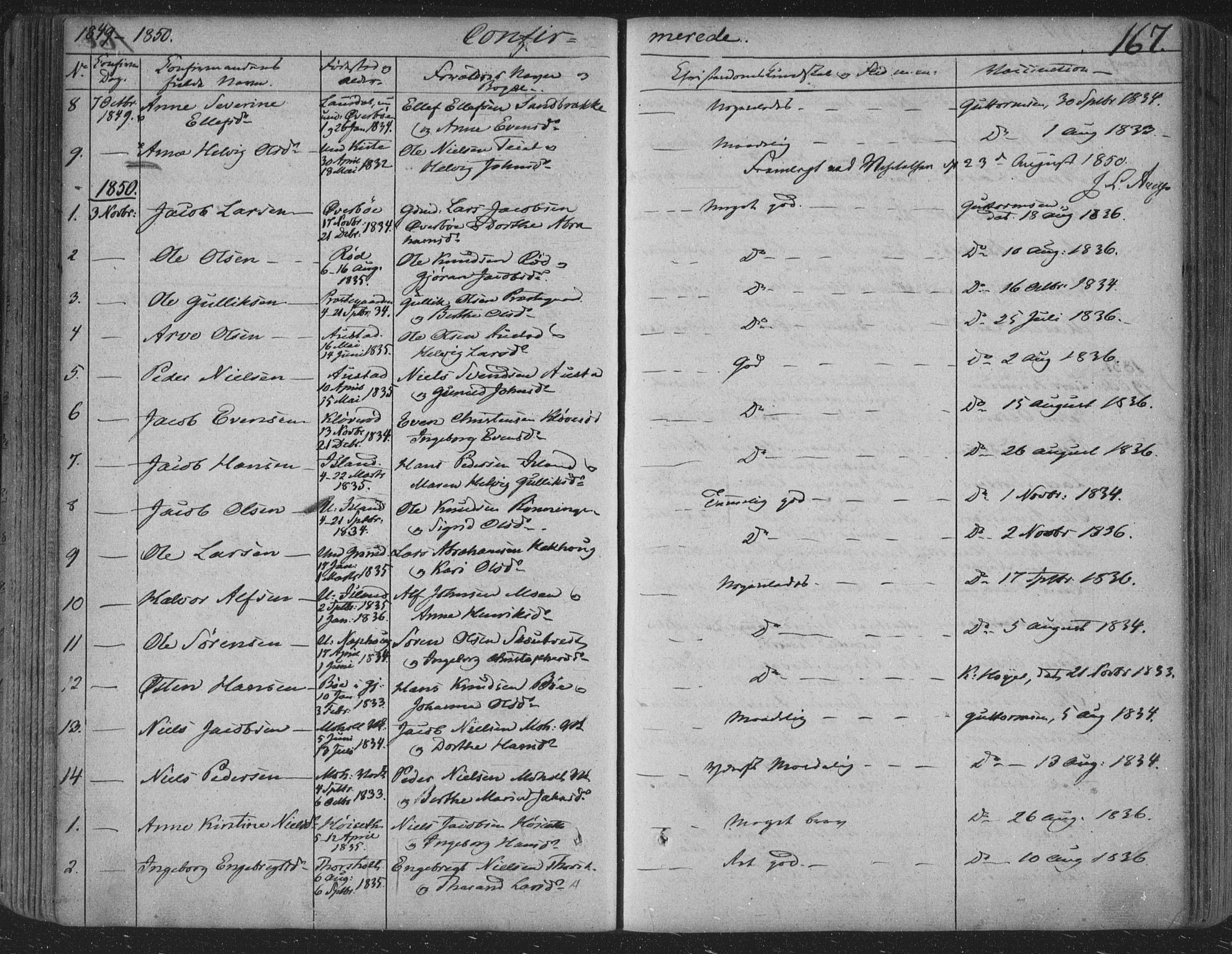 Siljan kirkebøker, SAKO/A-300/F/Fa/L0001: Parish register (official) no. 1, 1831-1870, p. 167