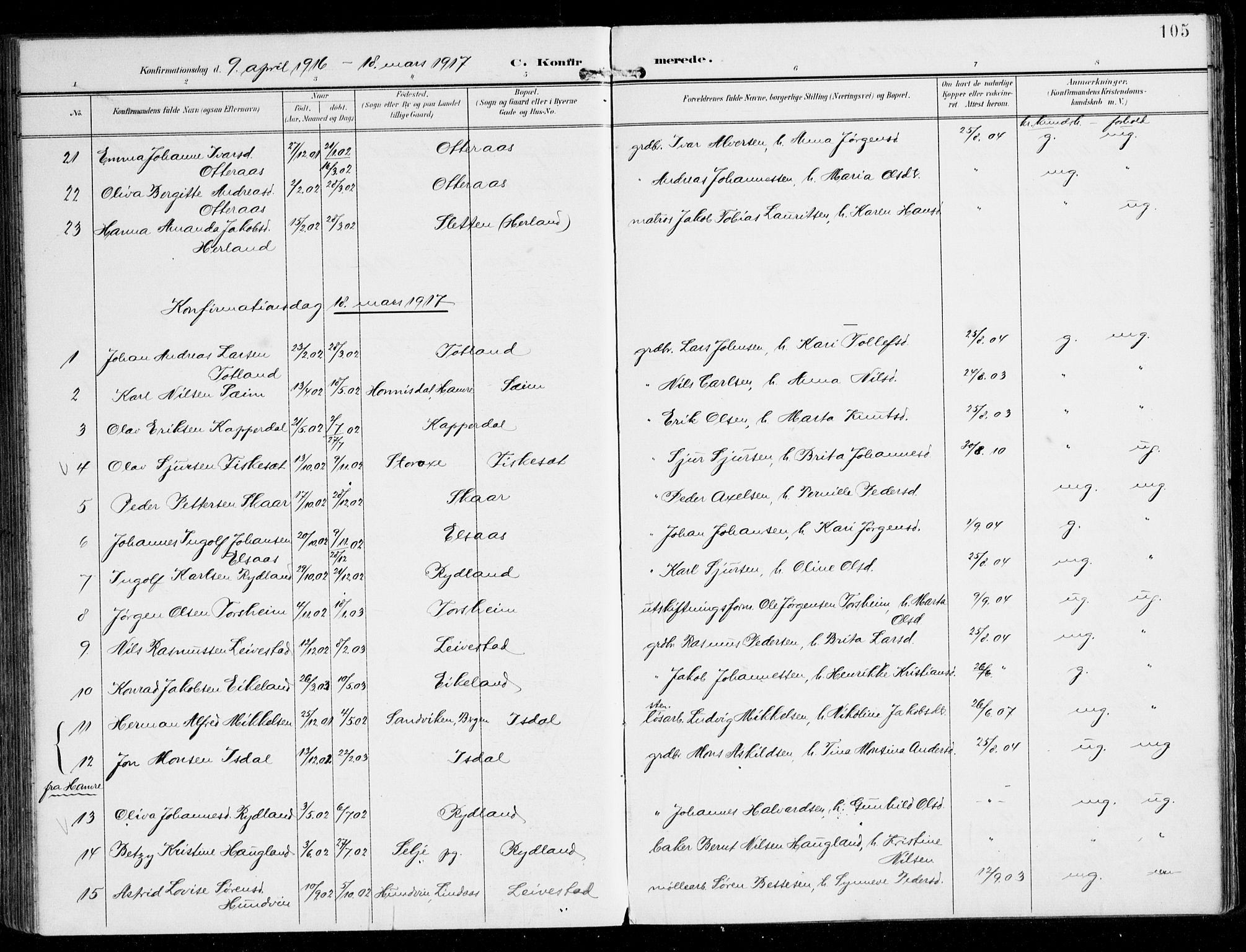 Alversund Sokneprestembete, SAB/A-73901/H/Ha/Haa/Haad/L0004: Parish register (official) no. D 4, 1898-1926, p. 105