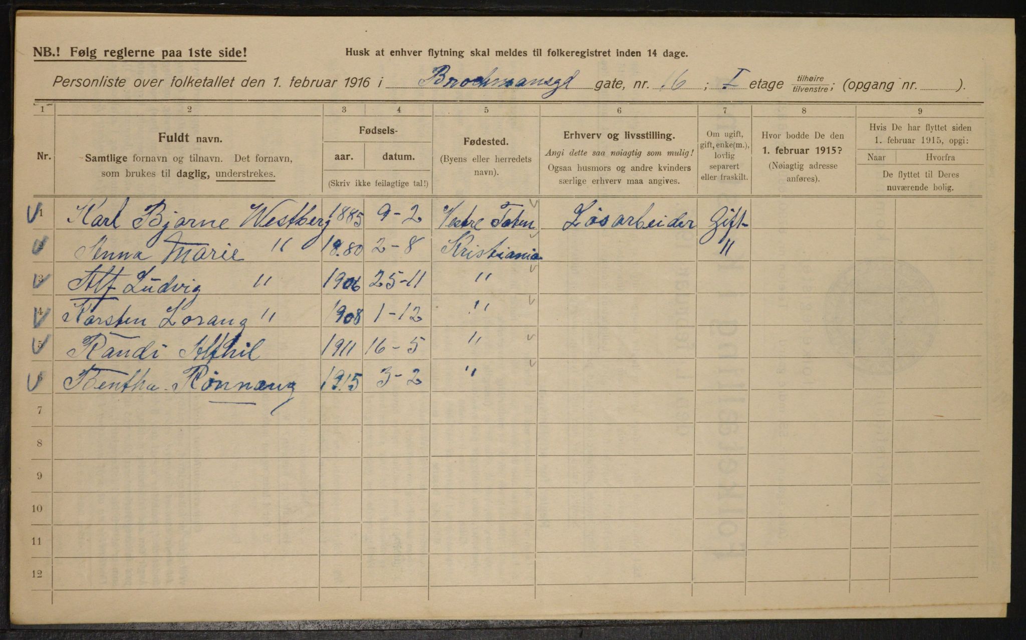 OBA, Municipal Census 1916 for Kristiania, 1916, p. 9812