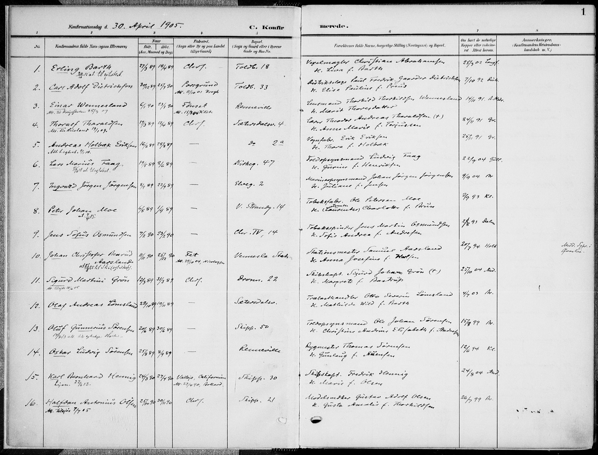 Kristiansand domprosti, SAK/1112-0006/F/Fa/L0022: Parish register (official) no. A 21, 1905-1916, p. 1
