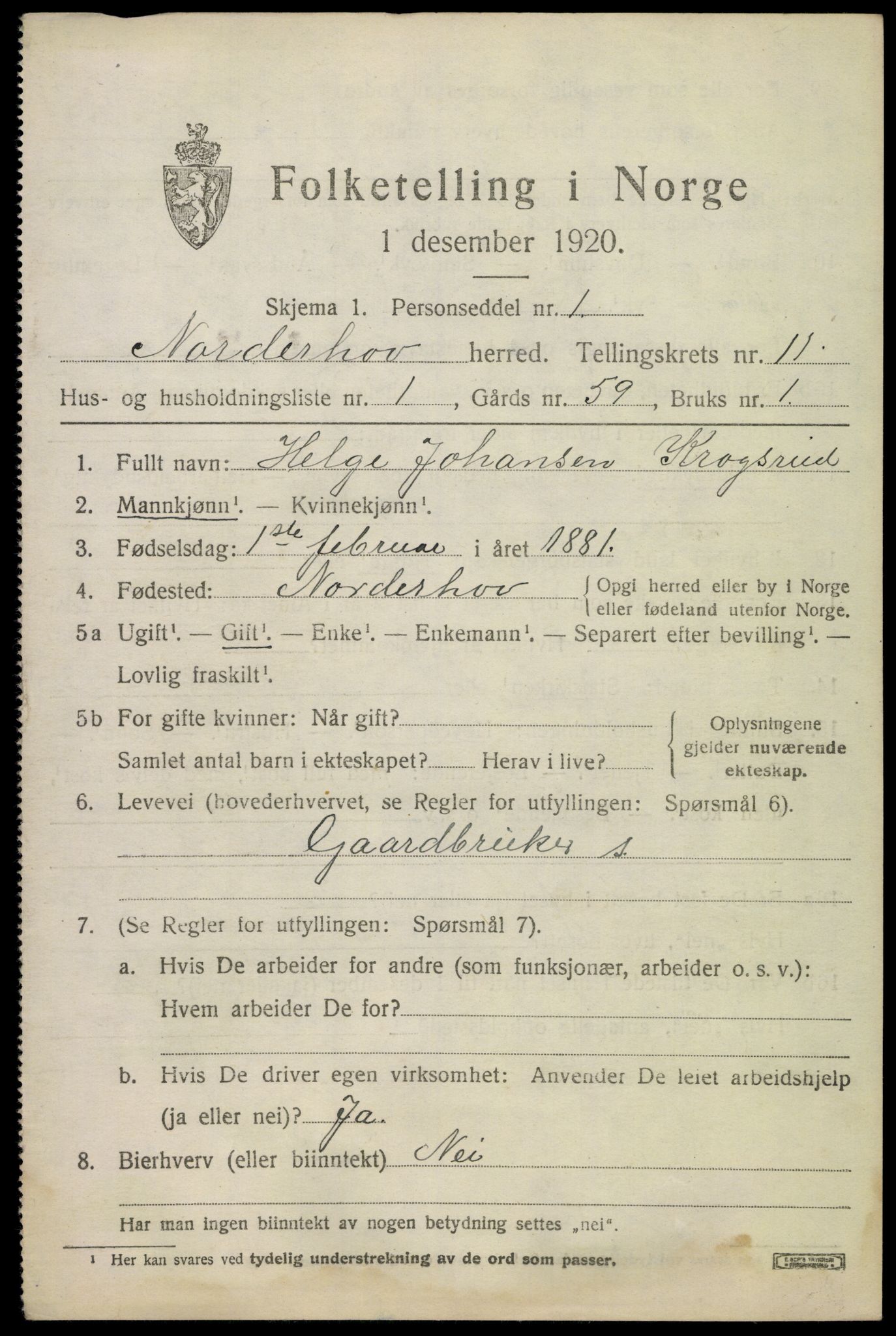 SAKO, 1920 census for Norderhov, 1920, p. 12882