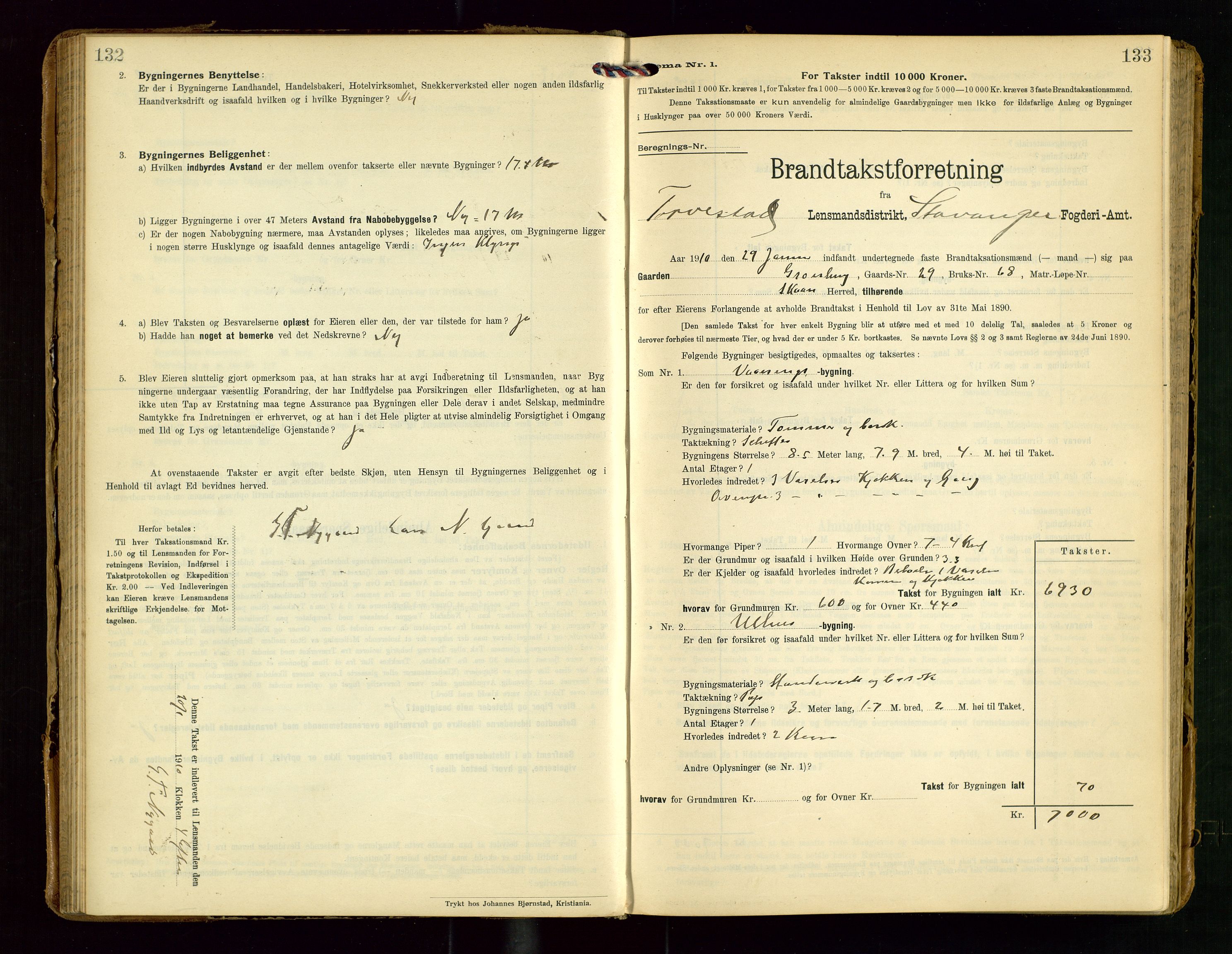 Torvestad lensmannskontor, AV/SAST-A-100307/1/Gob/L0004: "Brandtaxationsprotokol for Torvestad Lensmannsdistrikt", 1909-1923, p. 132-133