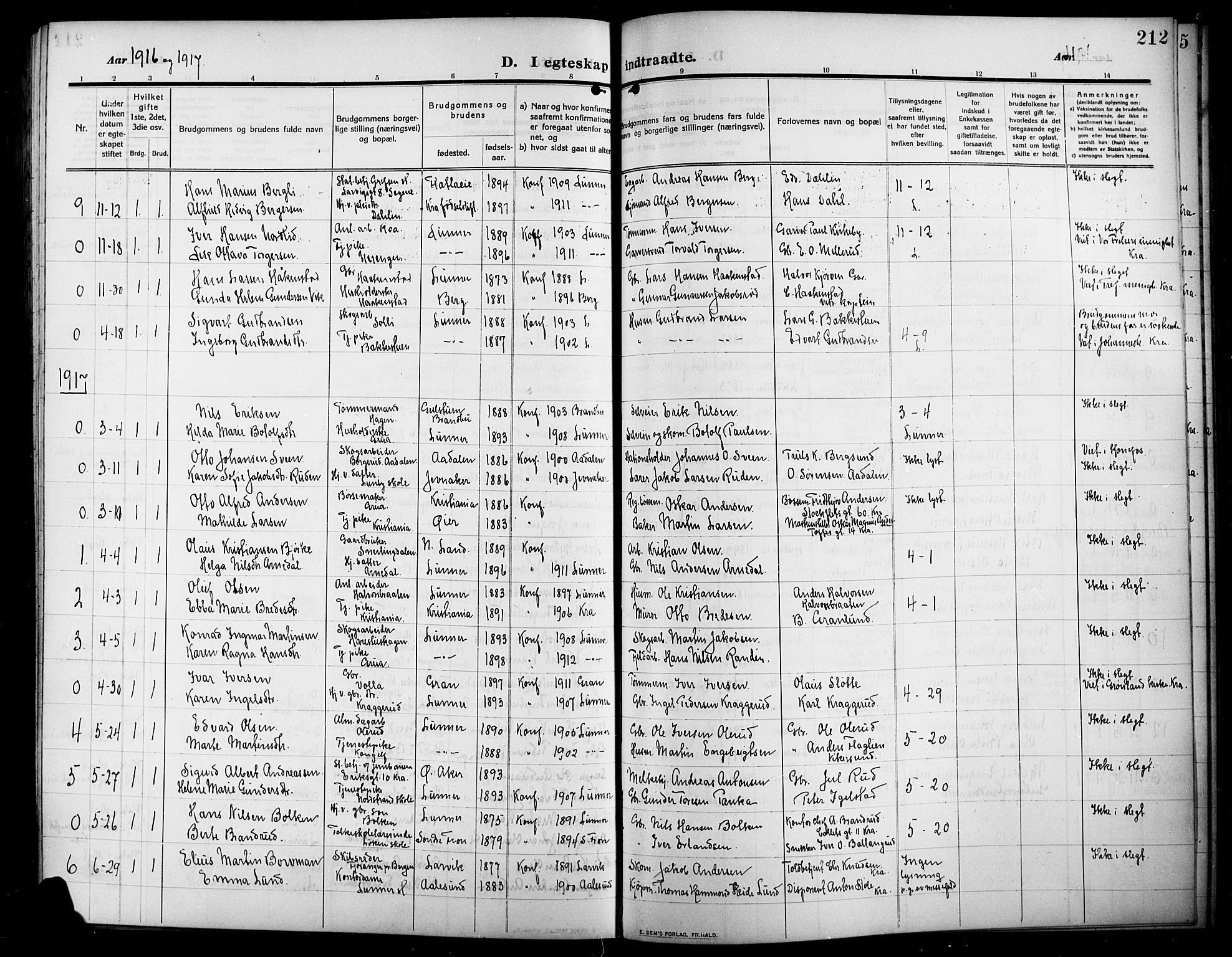 Lunner prestekontor, SAH/PREST-118/H/Ha/Hab/L0001: Parish register (copy) no. 1, 1909-1922, p. 212