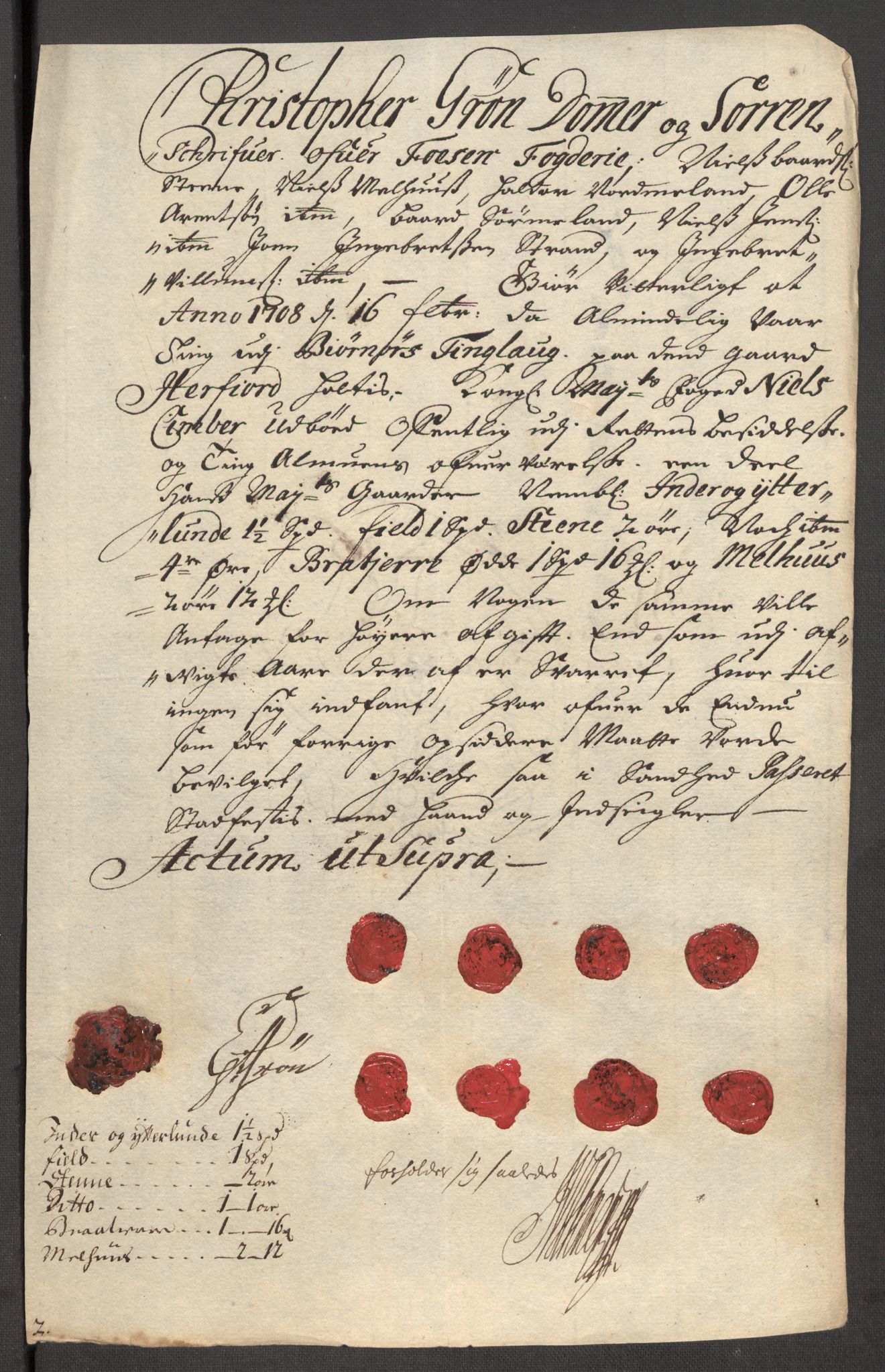 Rentekammeret inntil 1814, Reviderte regnskaper, Fogderegnskap, AV/RA-EA-4092/R57/L3858: Fogderegnskap Fosen, 1708-1709, p. 176