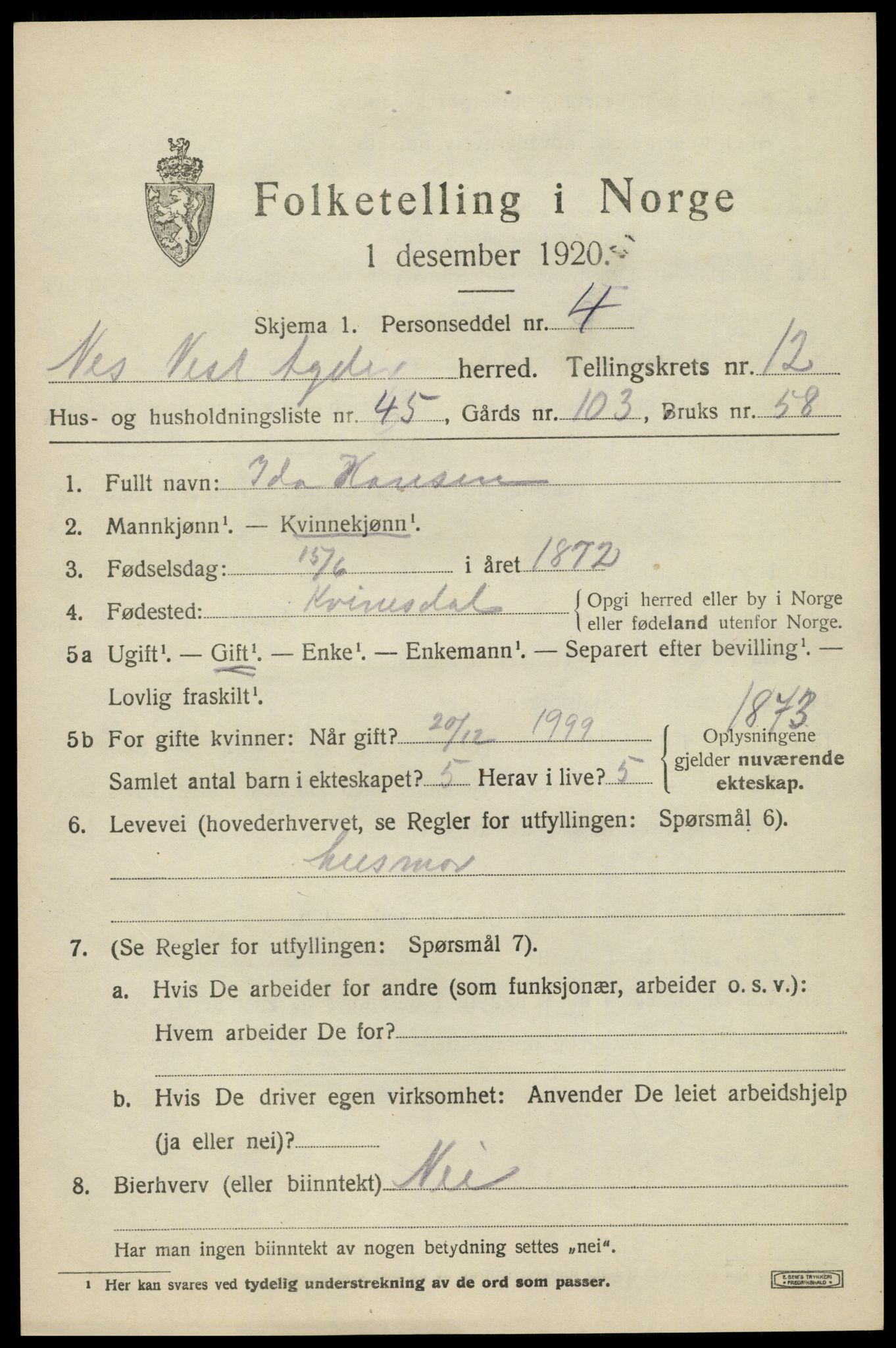 SAK, 1920 census for Nes (V-A), 1920, p. 4810