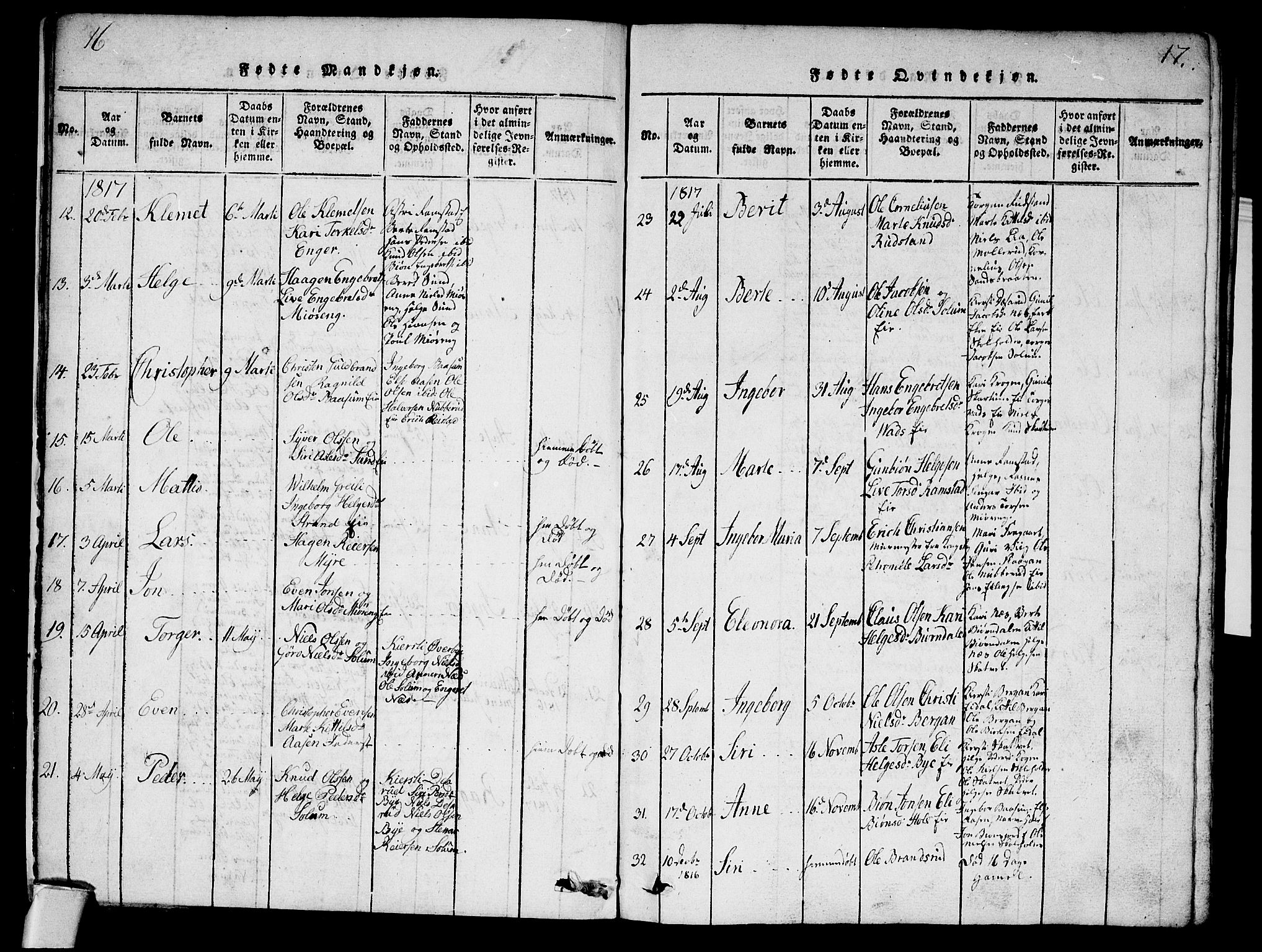 Sigdal kirkebøker, AV/SAKO-A-245/G/Ga/L0001: Parish register (copy) no. I 1 /1, 1816-1835, p. 16-17