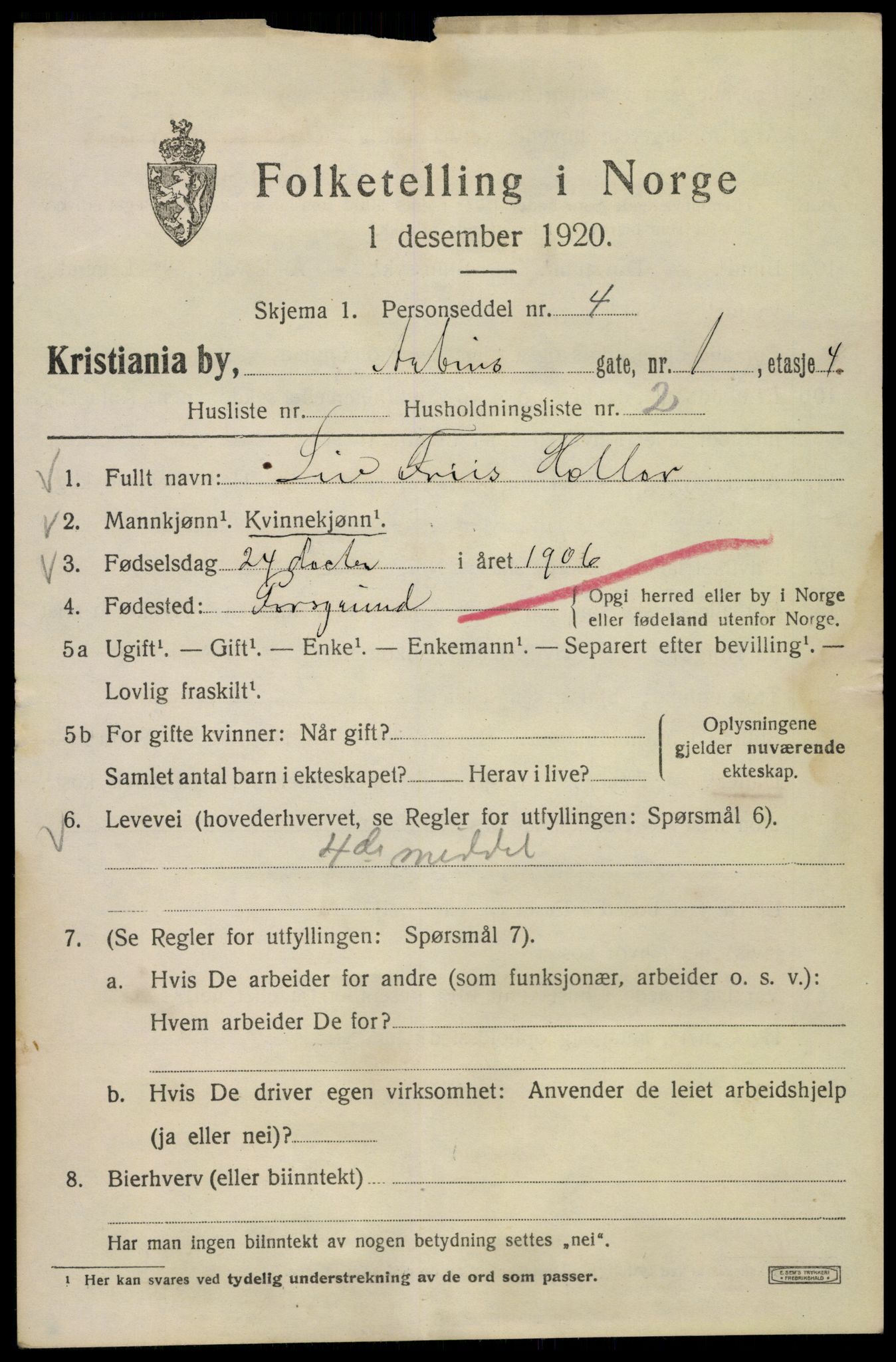 SAO, 1920 census for Kristiania, 1920, p. 142071