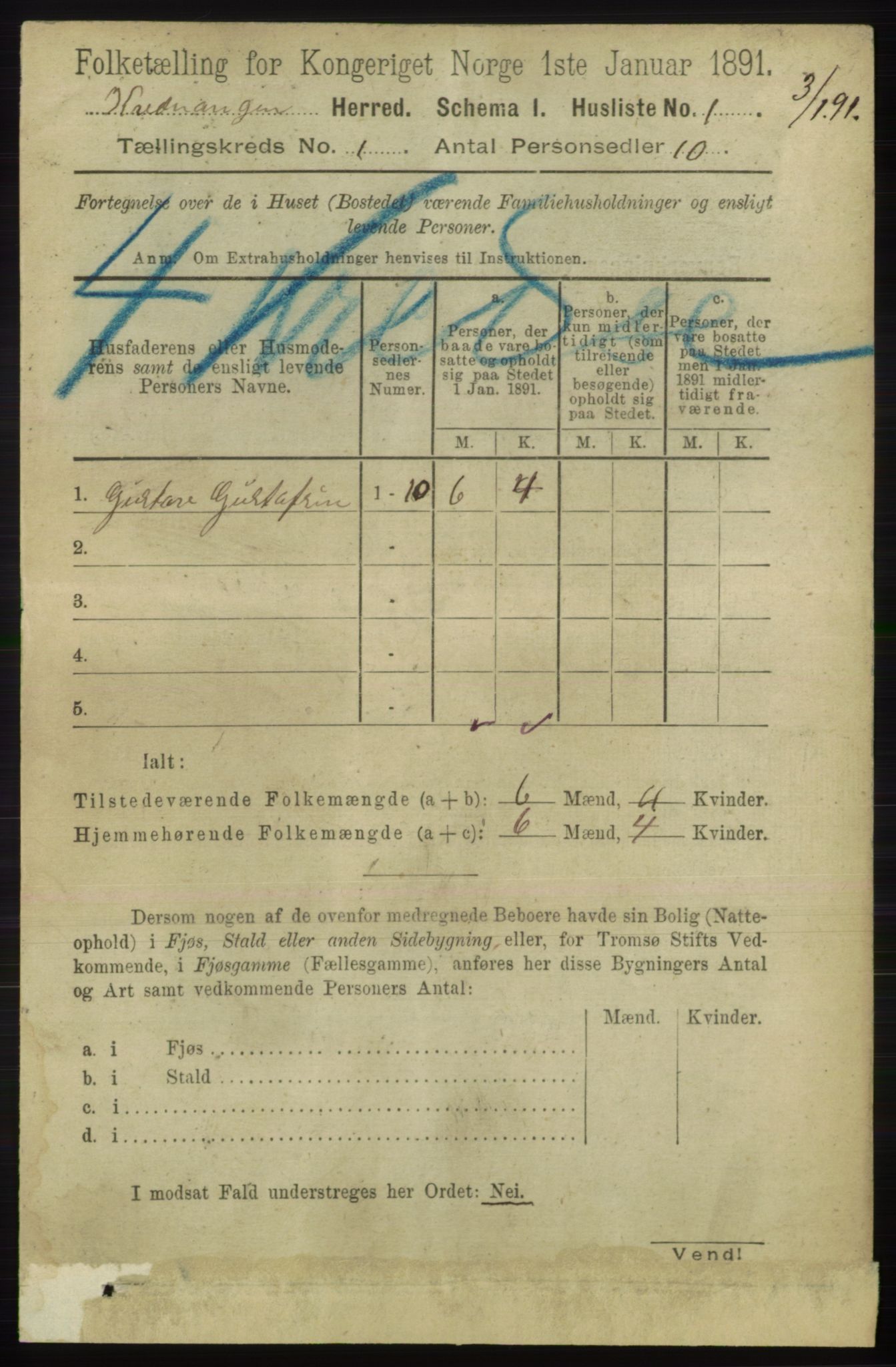 RA, 1891 census for 1943 Kvænangen, 1891, p. 14