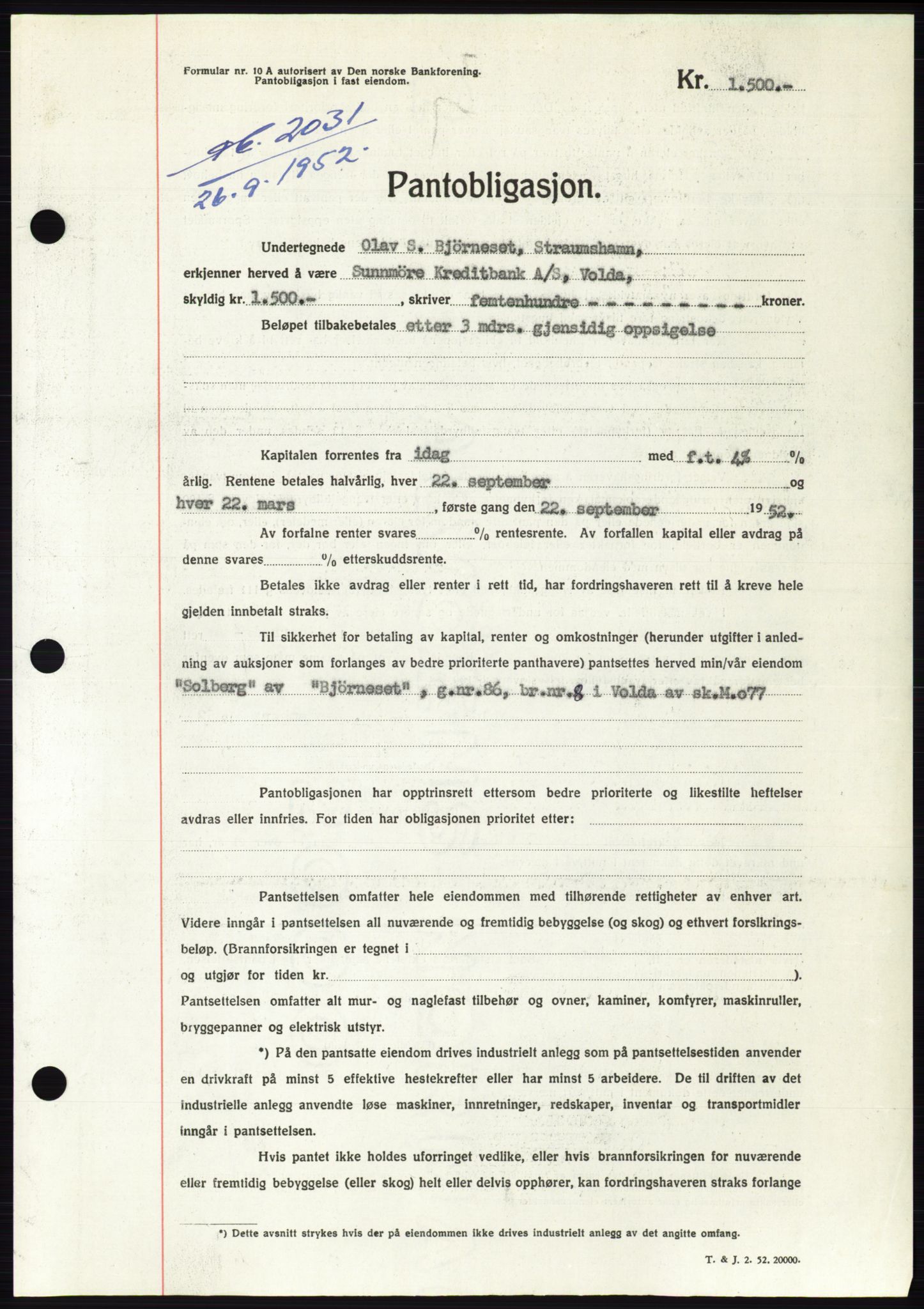Søre Sunnmøre sorenskriveri, AV/SAT-A-4122/1/2/2C/L0122: Mortgage book no. 10B, 1952-1953, Diary no: : 2031/1952