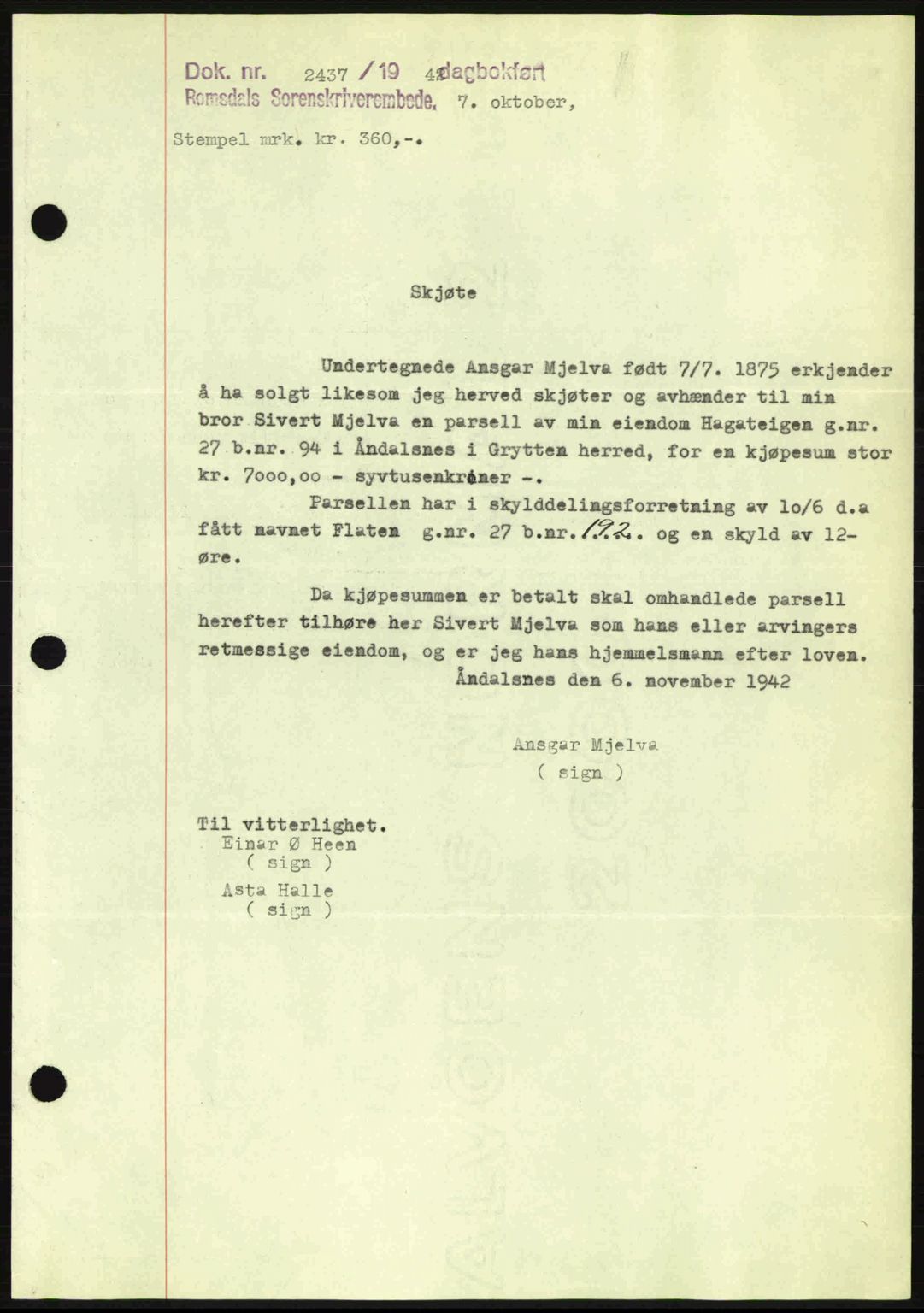 Romsdal sorenskriveri, AV/SAT-A-4149/1/2/2C: Mortgage book no. A13, 1942-1943, Diary no: : 2437/1942