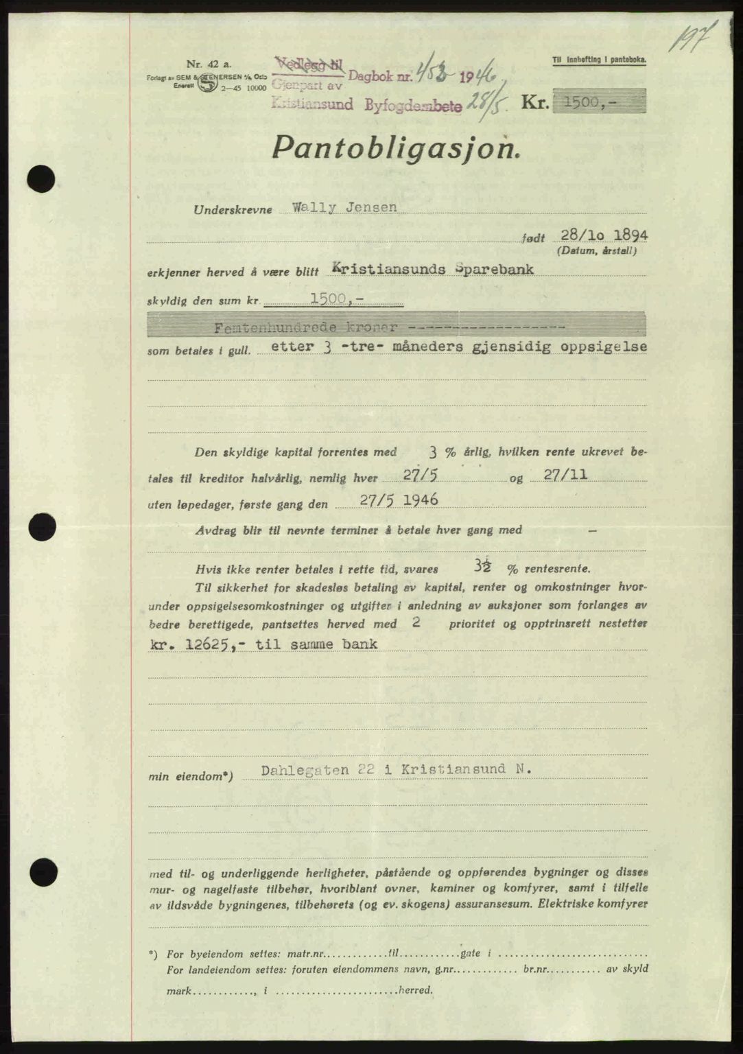 Kristiansund byfogd, AV/SAT-A-4587/A/27: Mortgage book no. 40, 1946-1946, Diary no: : 453/1946