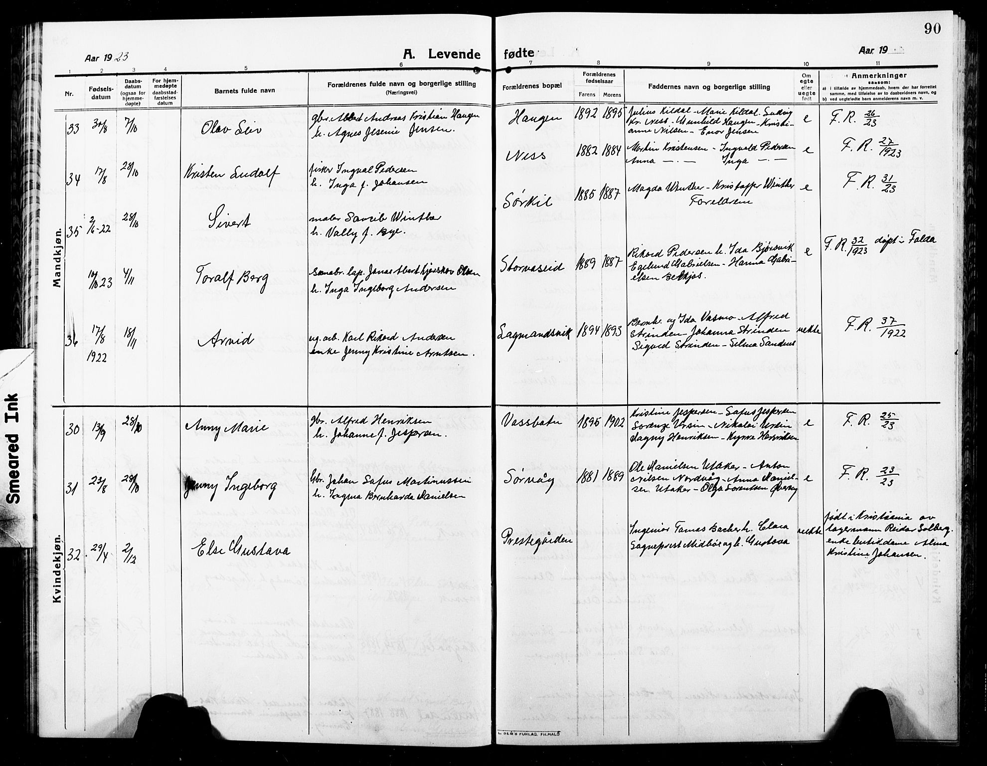 Ministerialprotokoller, klokkerbøker og fødselsregistre - Nordland, SAT/A-1459/859/L0861: Parish register (copy) no. 859C07, 1910-1925, p. 90