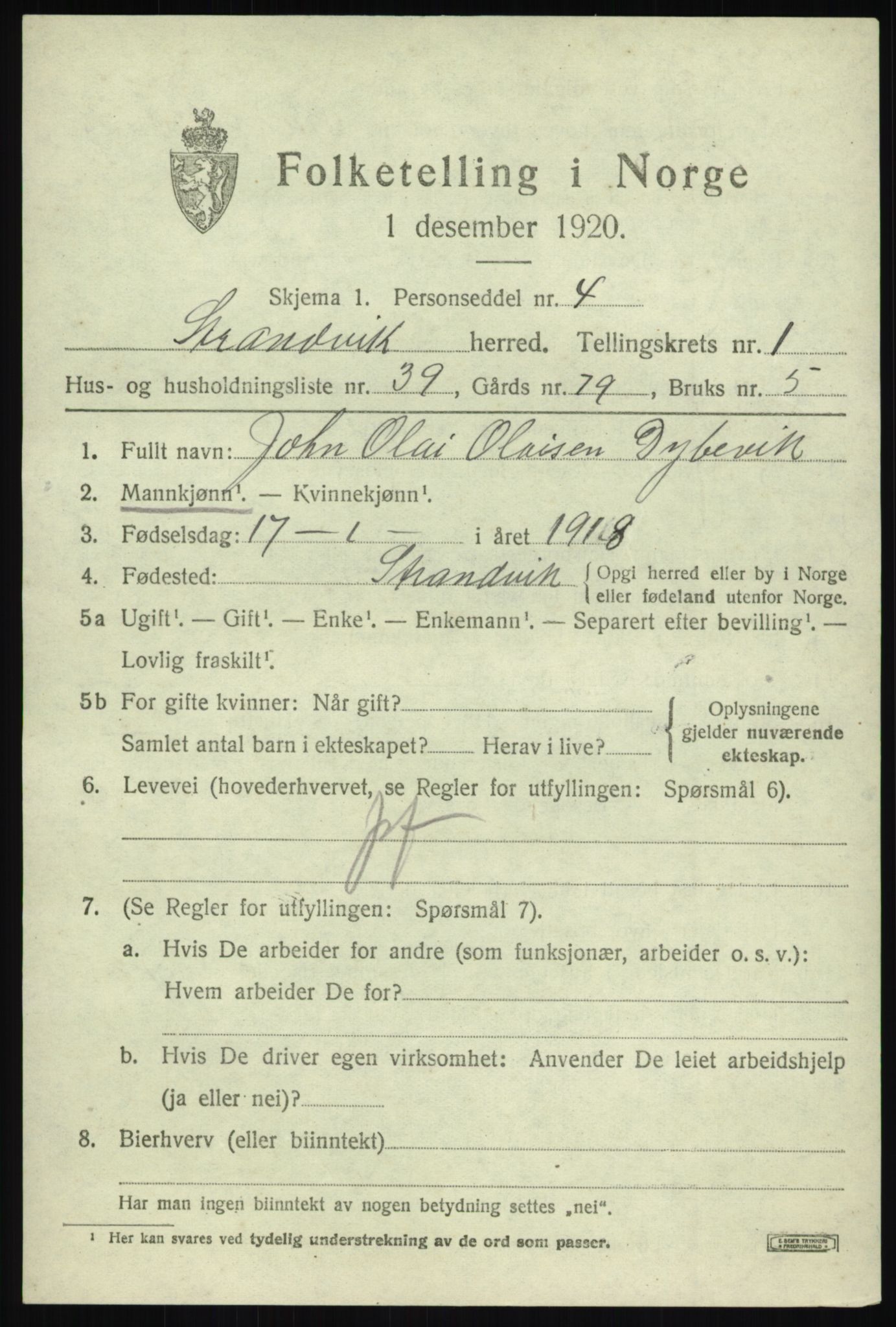 SAB, 1920 census for Strandvik, 1920, p. 1228