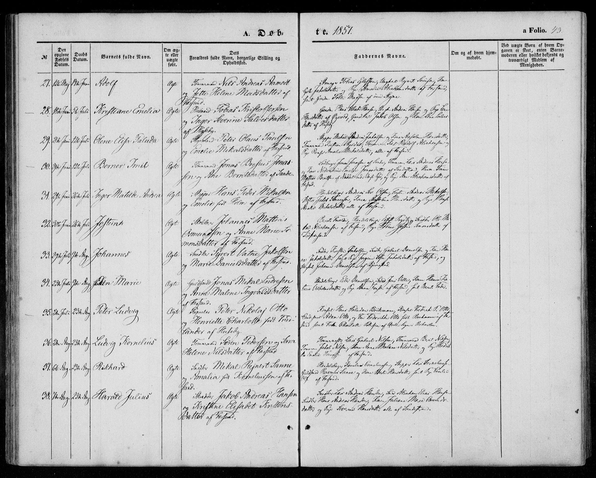 Farsund sokneprestkontor, AV/SAK-1111-0009/F/Fa/L0004: Parish register (official) no. A 4, 1847-1863, p. 43