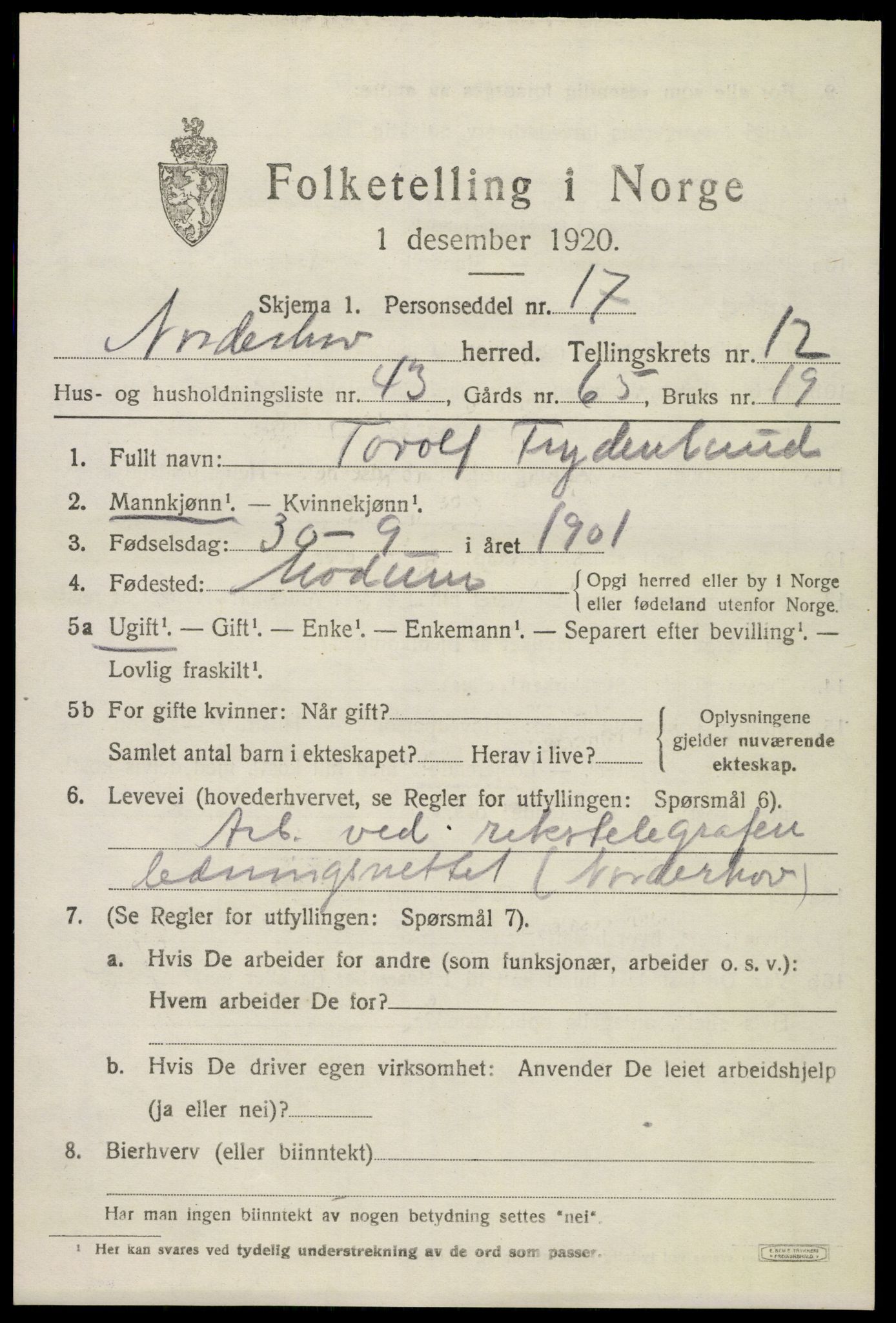 SAKO, 1920 census for Norderhov, 1920, p. 14226