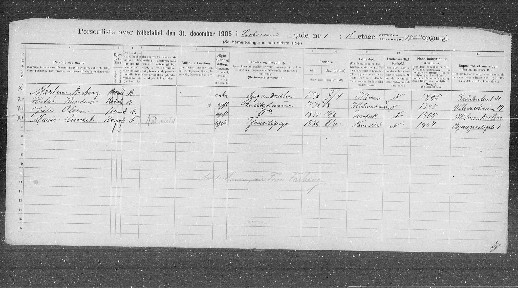 OBA, Municipal Census 1905 for Kristiania, 1905, p. 40910