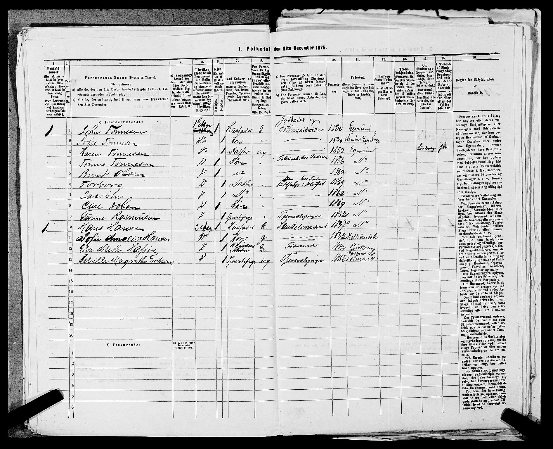 SAST, 1875 census for 1101B Eigersund parish, Egersund town, 1875, p. 405