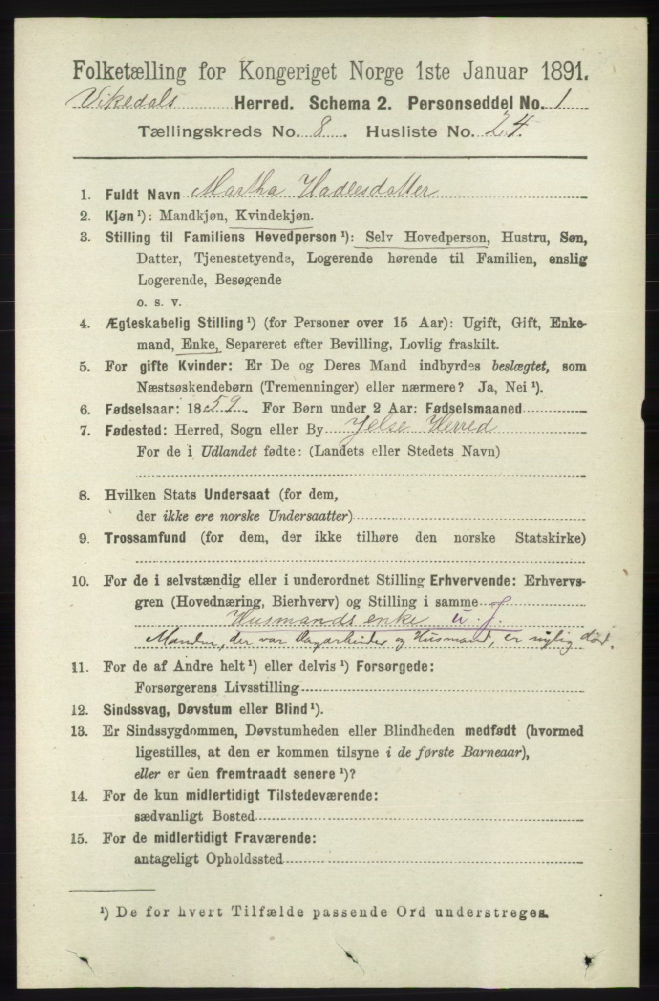 RA, 1891 census for 1157 Vikedal, 1891, p. 2334