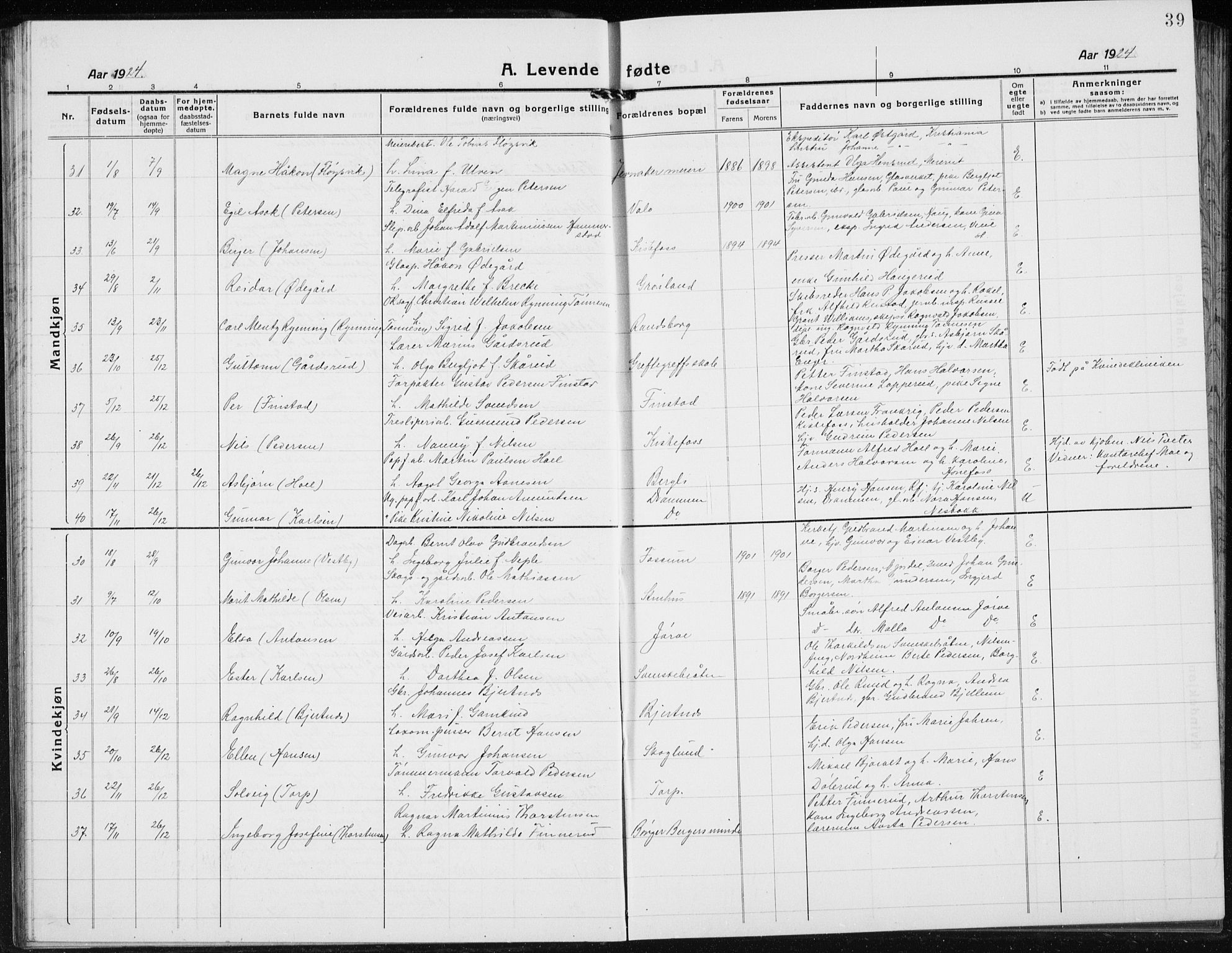 Jevnaker prestekontor, AV/SAH-PREST-116/H/Ha/Hab/L0005: Parish register (copy) no. 5, 1919-1934, p. 39