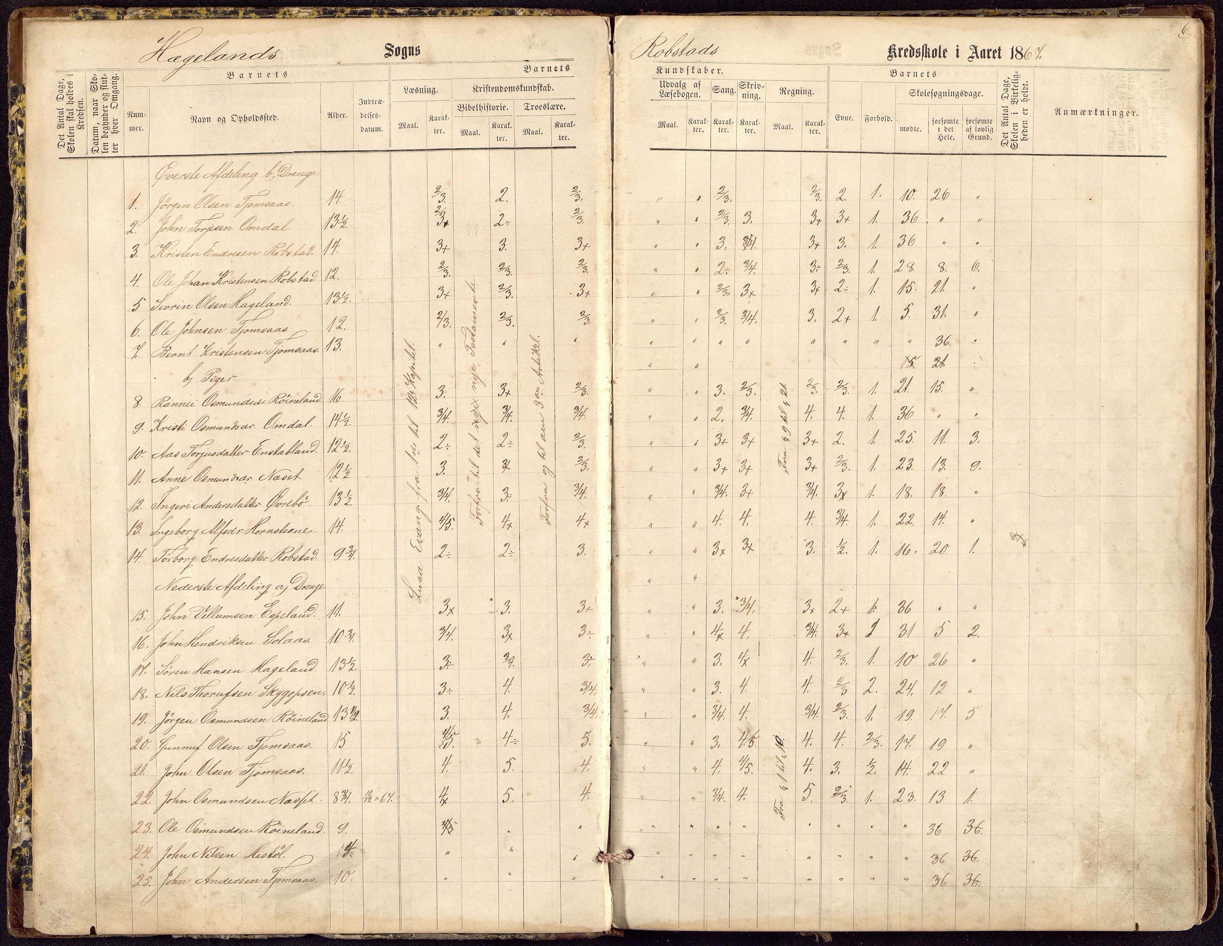 Hægeland kommune - Ropstad Skolekrets, ARKSOR/1014HÆ553/G/L0001: Skoleprotokoll, 1862-1899