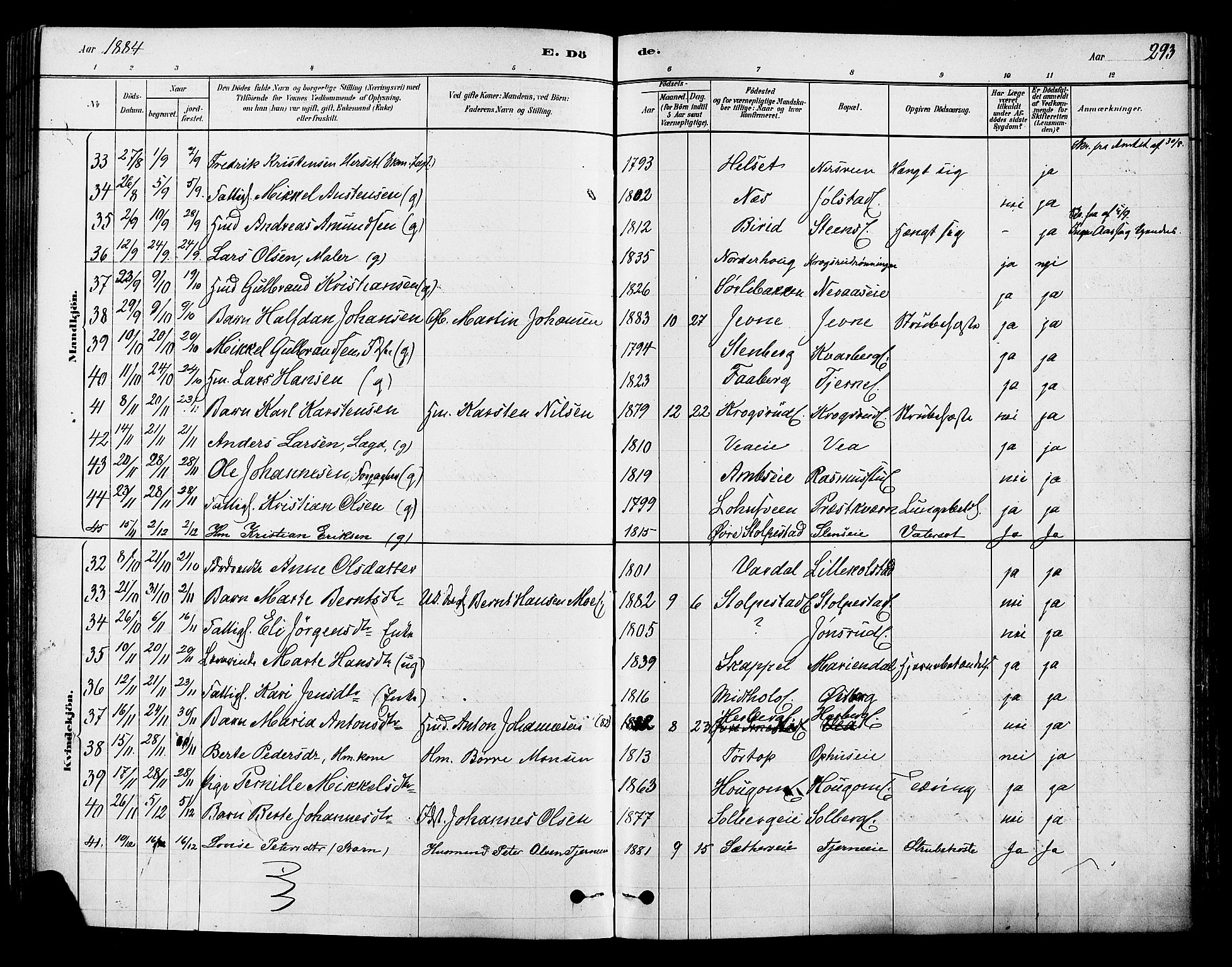 Ringsaker prestekontor, AV/SAH-PREST-014/K/Ka/L0012: Parish register (official) no. 12, 1879-1890, p. 293