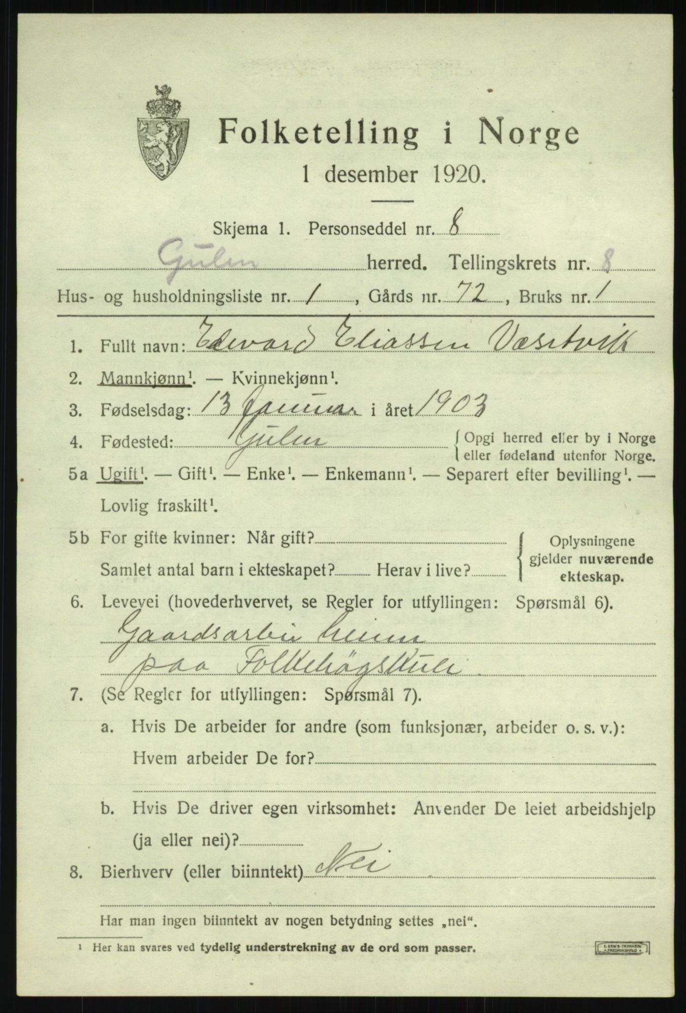 SAB, 1920 census for Gulen, 1920, p. 3509