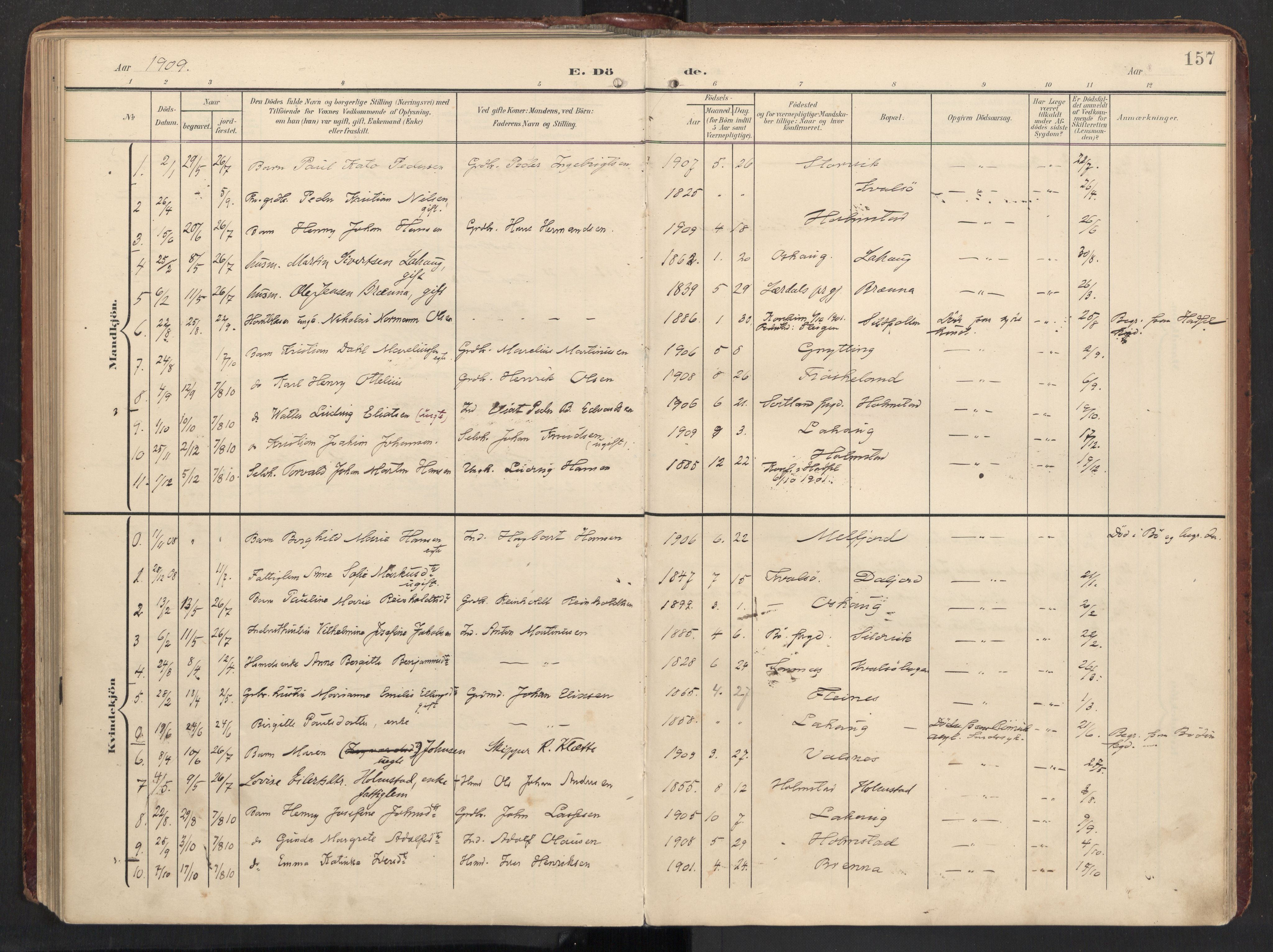 Ministerialprotokoller, klokkerbøker og fødselsregistre - Nordland, AV/SAT-A-1459/890/L1287: Parish register (official) no. 890A02, 1903-1915, p. 157