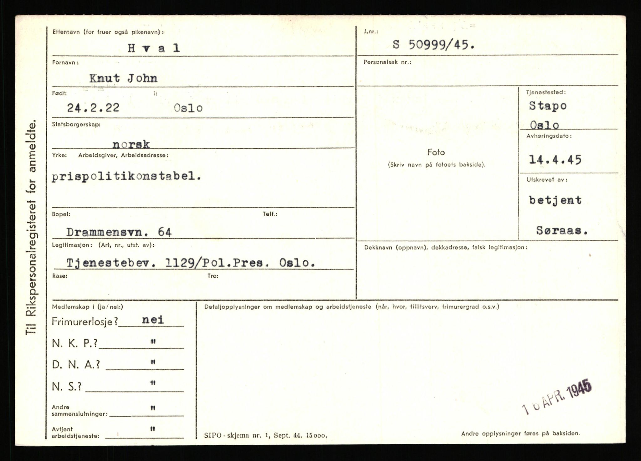 Statspolitiet - Hovedkontoret / Osloavdelingen, AV/RA-S-1329/C/Ca/L0007: Hol - Joelsen, 1943-1945, p. 1475