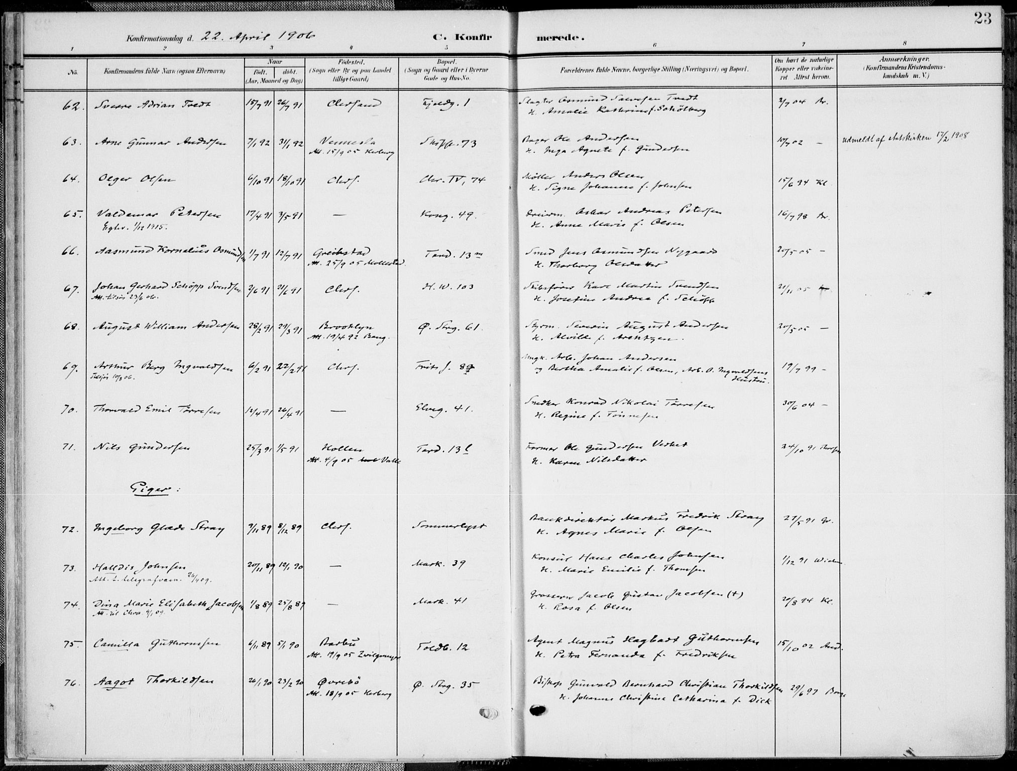 Kristiansand domprosti, AV/SAK-1112-0006/F/Fa/L0022: Parish register (official) no. A 21, 1905-1916, p. 23