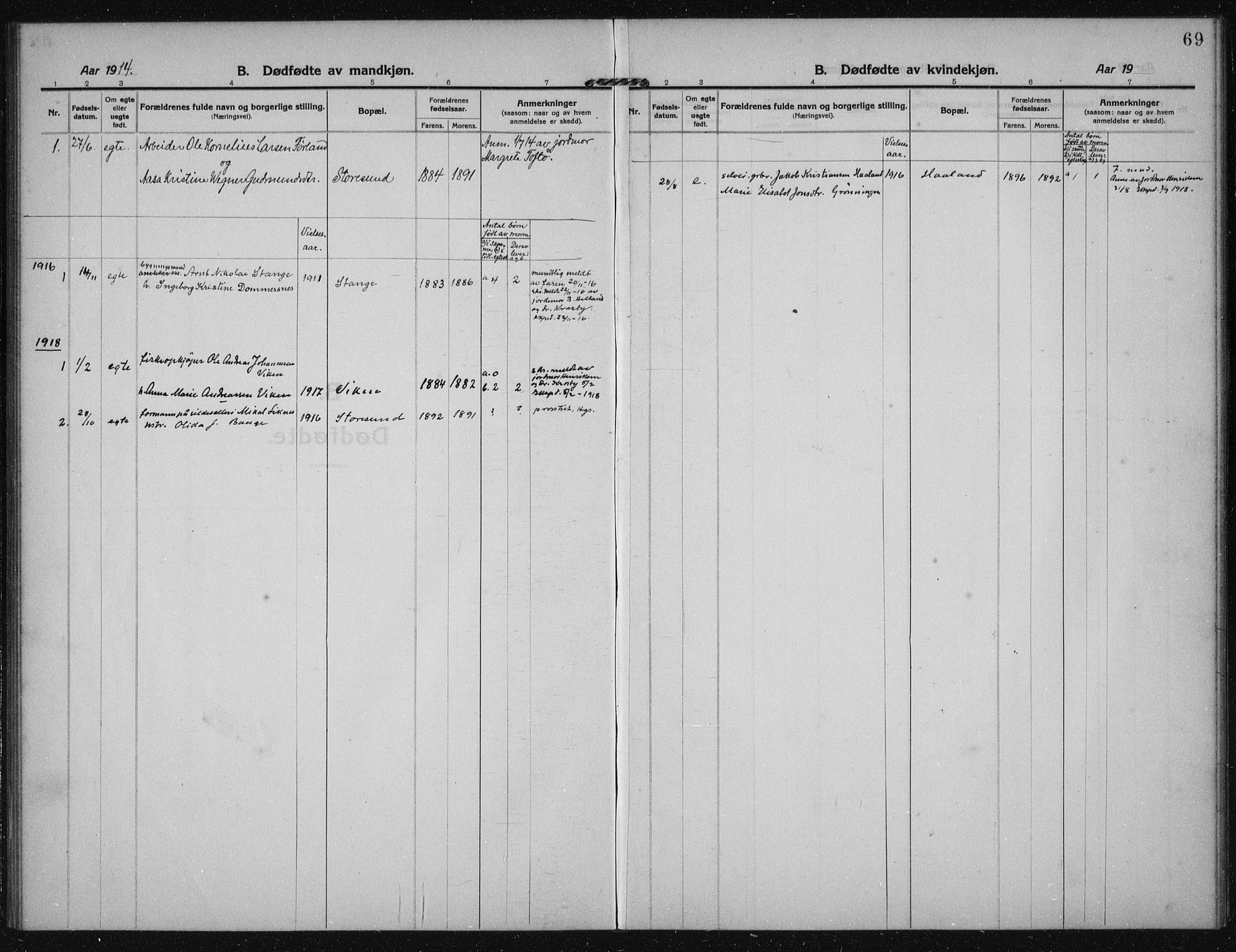 Torvastad sokneprestkontor, SAST/A -101857/H/Ha/Haa/L0019: Parish register (official) no. A 18, 1912-1920, p. 69