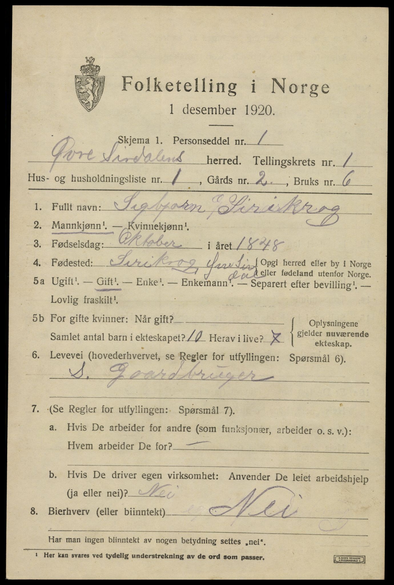 SAK, 1920 census for Øvre Sirdal, 1920, p. 331