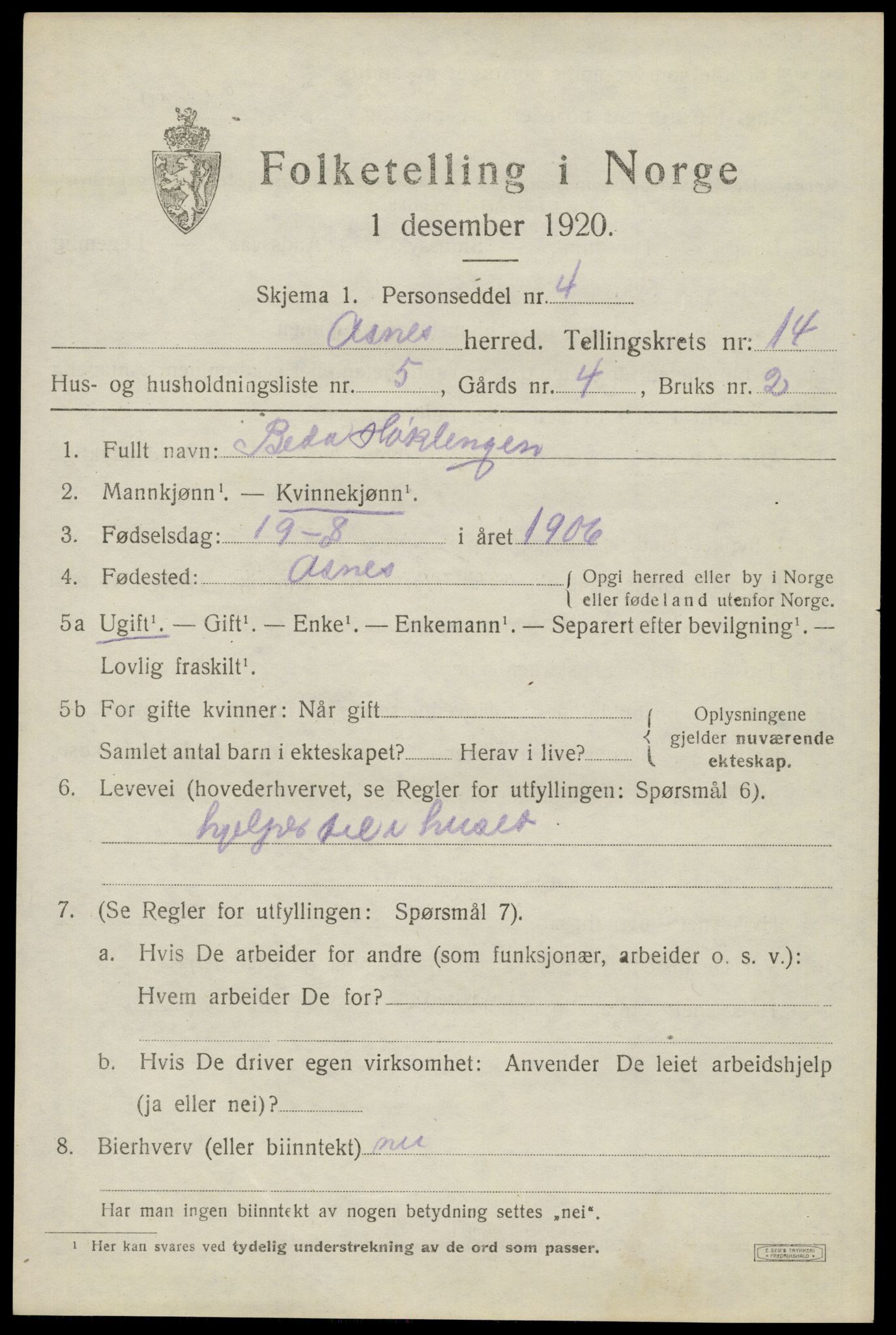 SAH, 1920 census for Åsnes, 1920, p. 13422