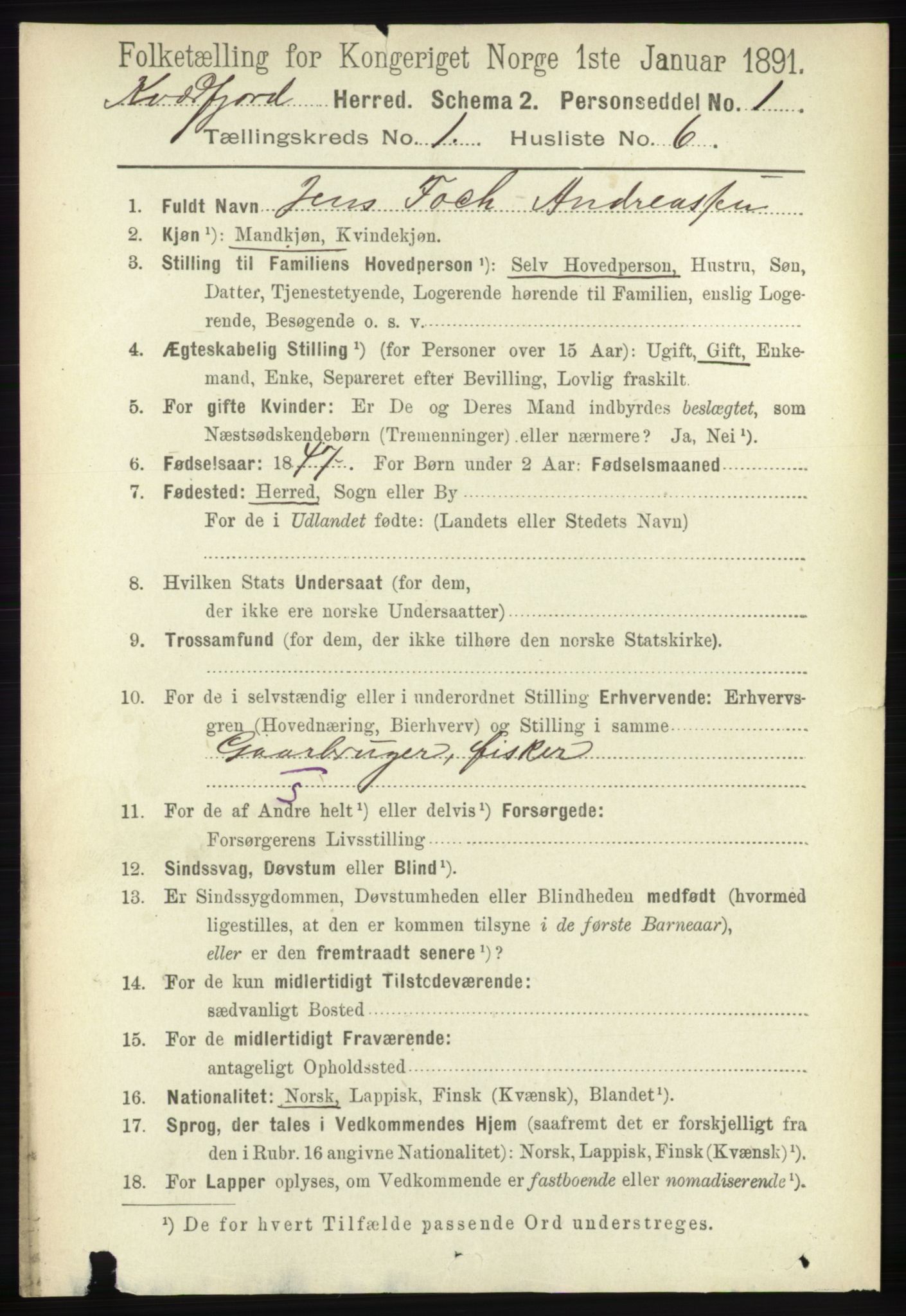 RA, 1891 census for 1911 Kvæfjord, 1891, p. 134