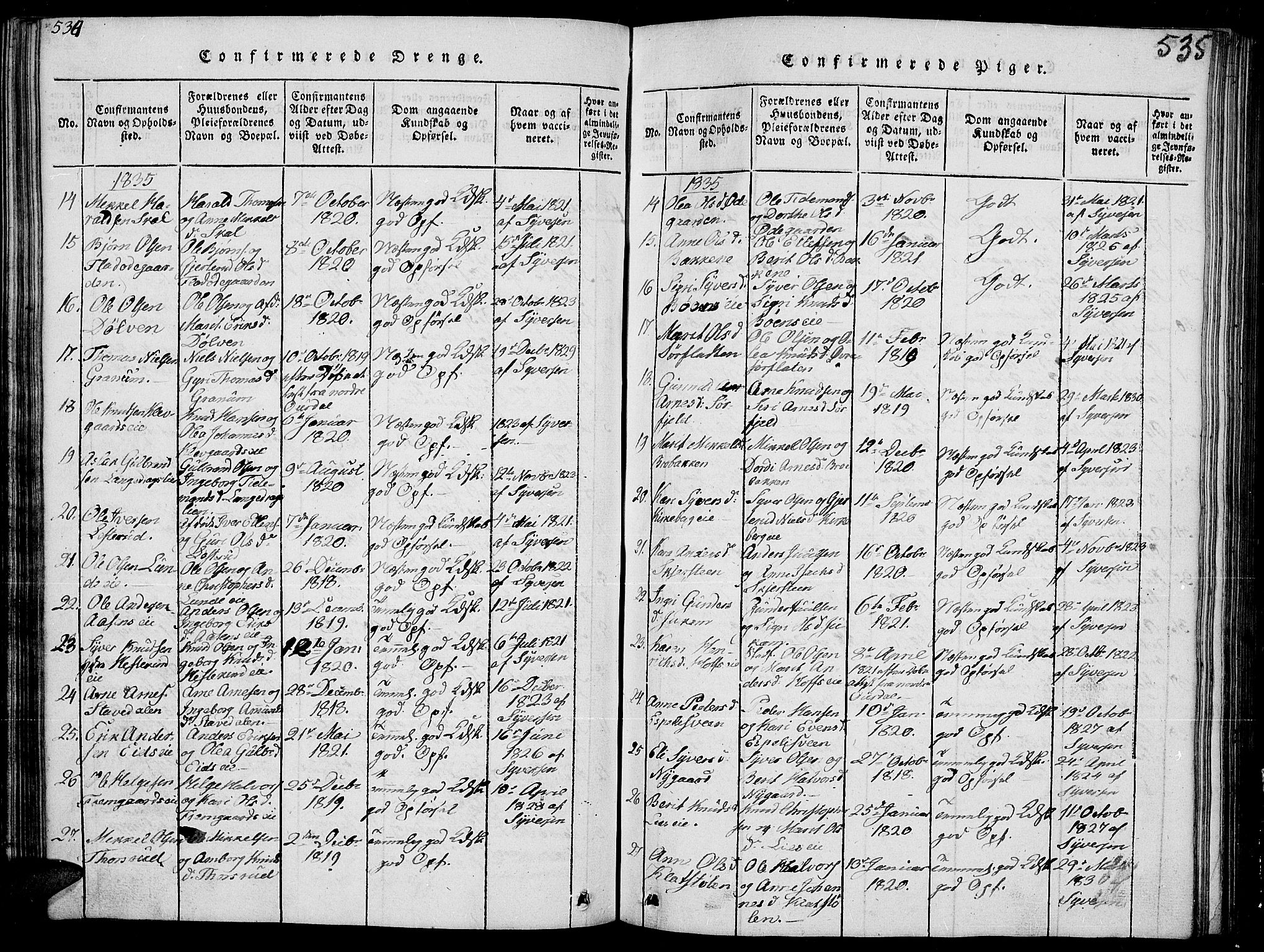 Sør-Aurdal prestekontor, SAH/PREST-128/H/Ha/Hab/L0002: Parish register (copy) no. 2, 1826-1840, p. 534-535