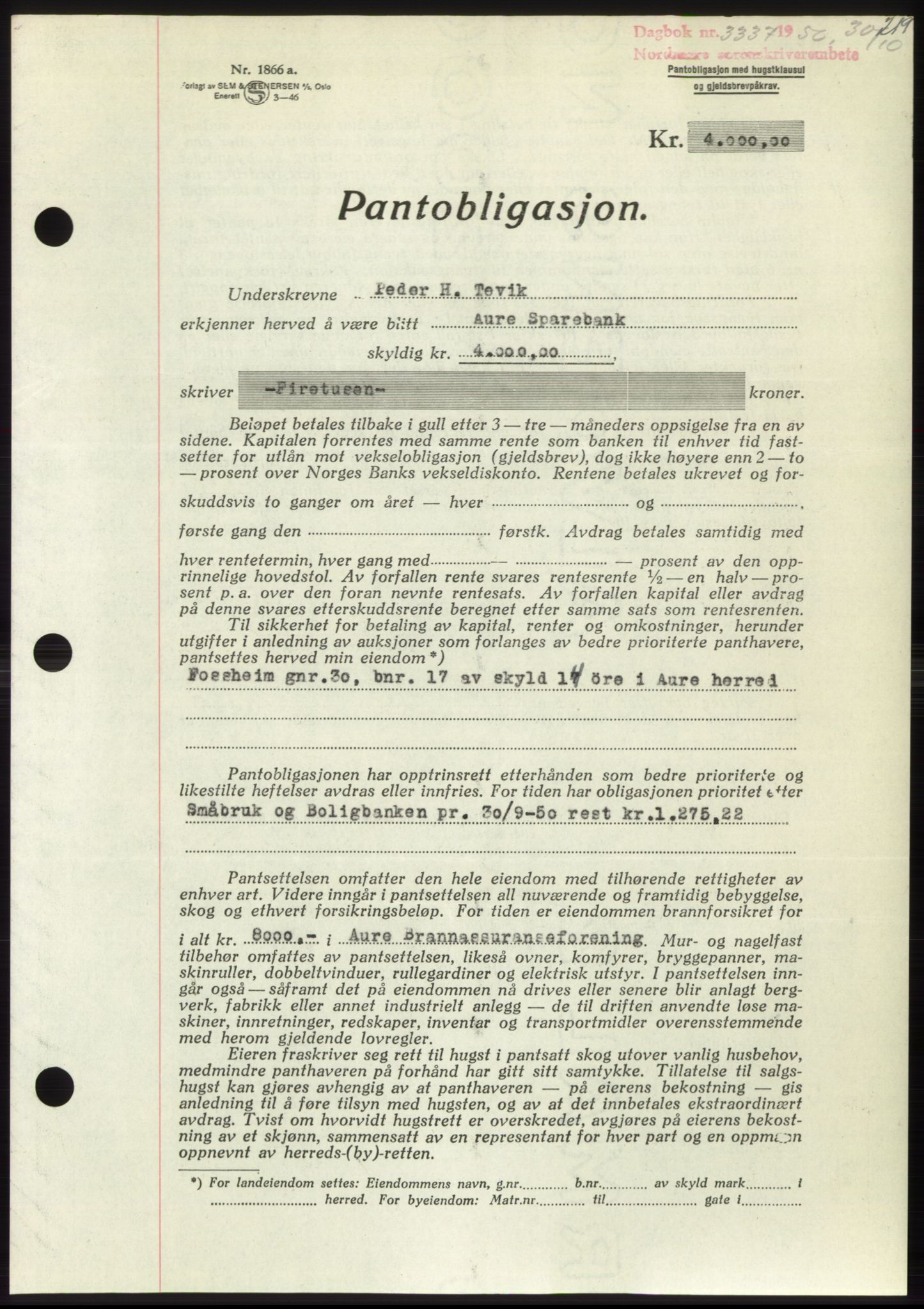 Nordmøre sorenskriveri, AV/SAT-A-4132/1/2/2Ca: Mortgage book no. B106, 1950-1950, Diary no: : 3337/1950