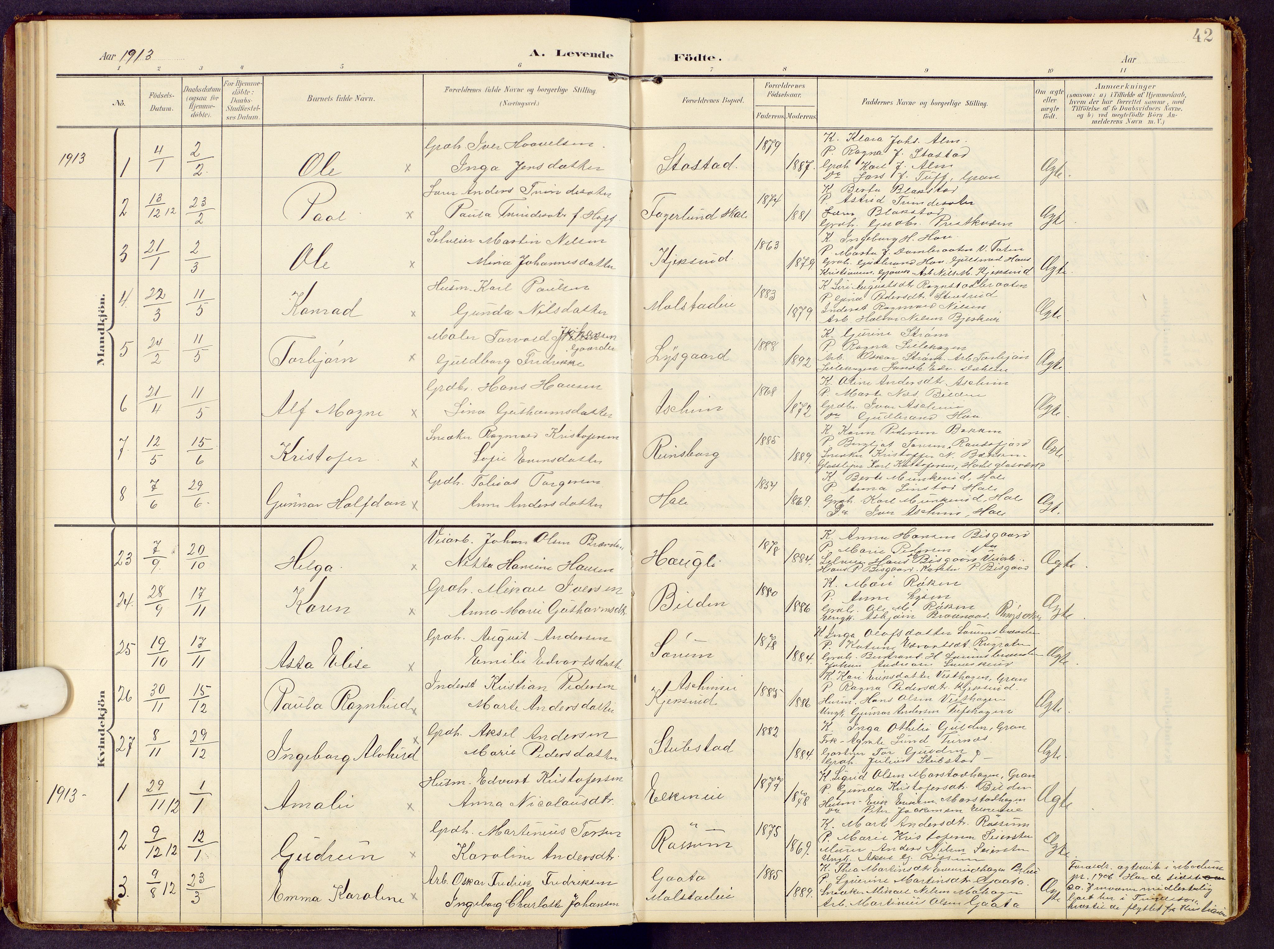 Brandbu prestekontor, SAH/PREST-114/H/Ha/Hab/L0009: Parish register (copy) no. 9, 1903-1916, p. 42