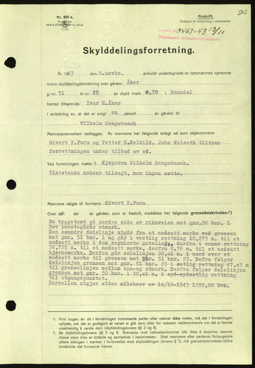 Nordmøre sorenskriveri, SAT/A-4132/1/2/2Ca: Mortgage book no. A96, 1943-1944, Diary no: : 2463/1943