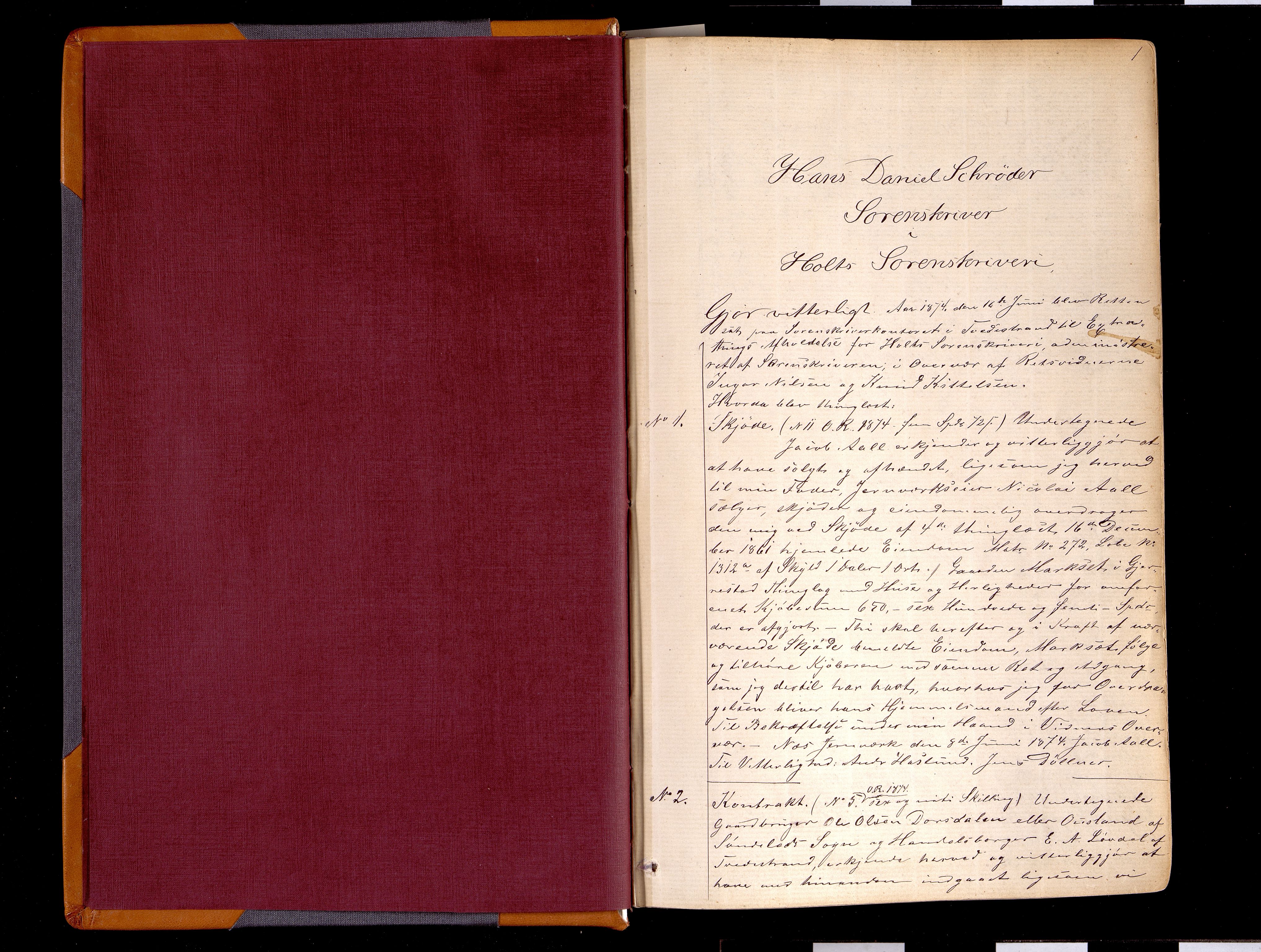 Holt sorenskriveri, AV/SAK-1221-0002/G/Gba/L0018: Mortgage book no. 18, 1874-1876, p. 1