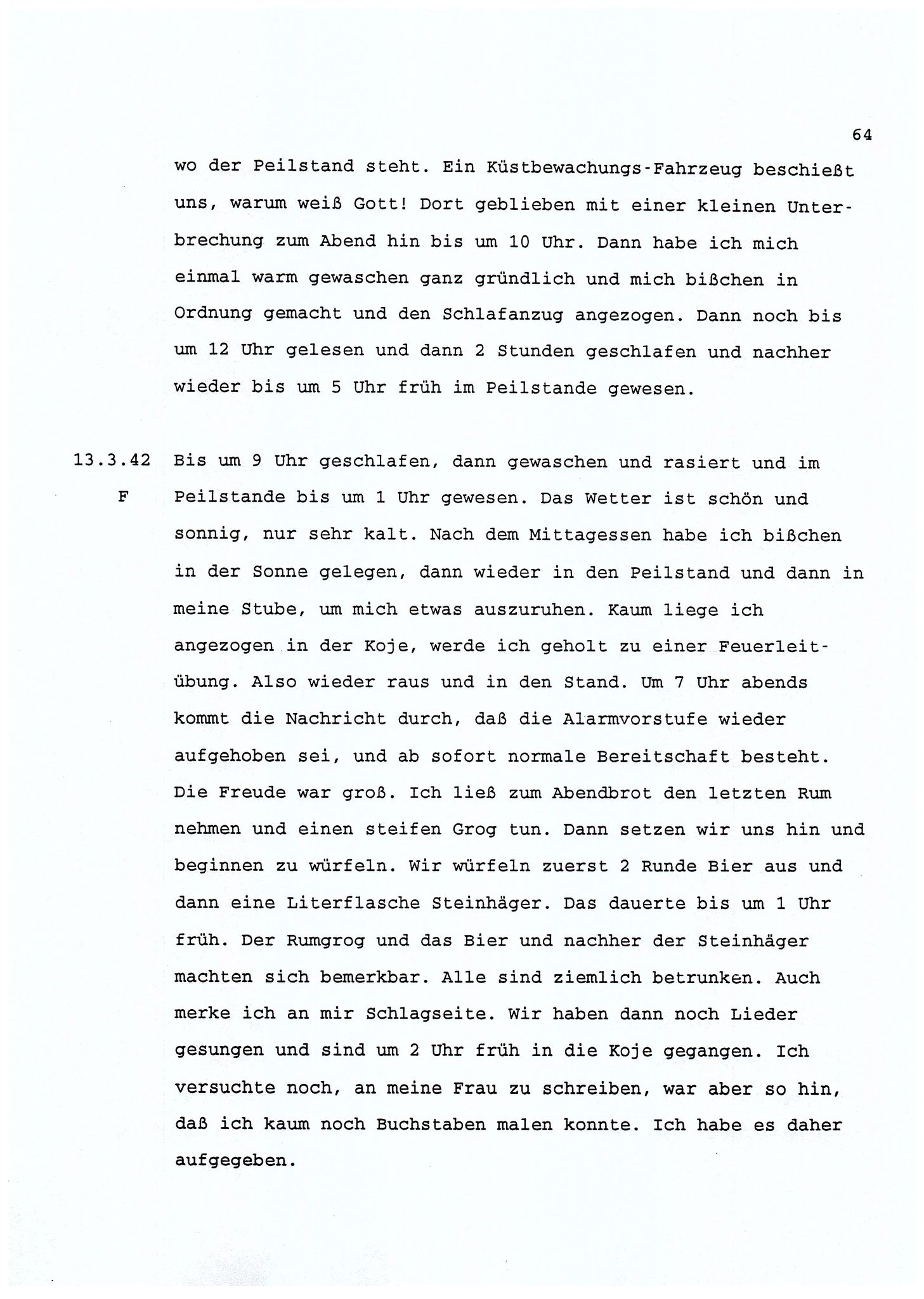 Dagbokopptegnelser av en tysk marineoffiser stasjonert i Norge , FMFB/A-1160/F/L0001: Dagbokopptegnelser av en tysk marineoffiser stasjonert i Norge, 1941-1944, p. 64