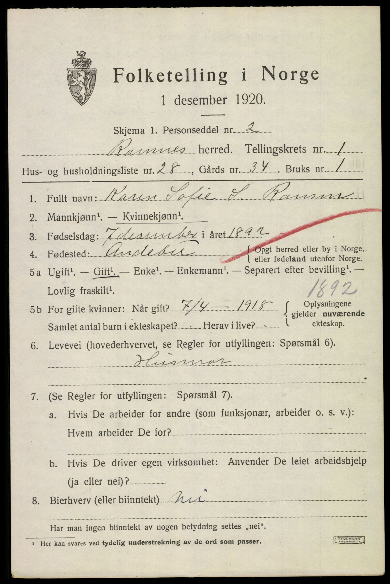 SAKO, 1920 census for Ramnes, 1920, p. 1486