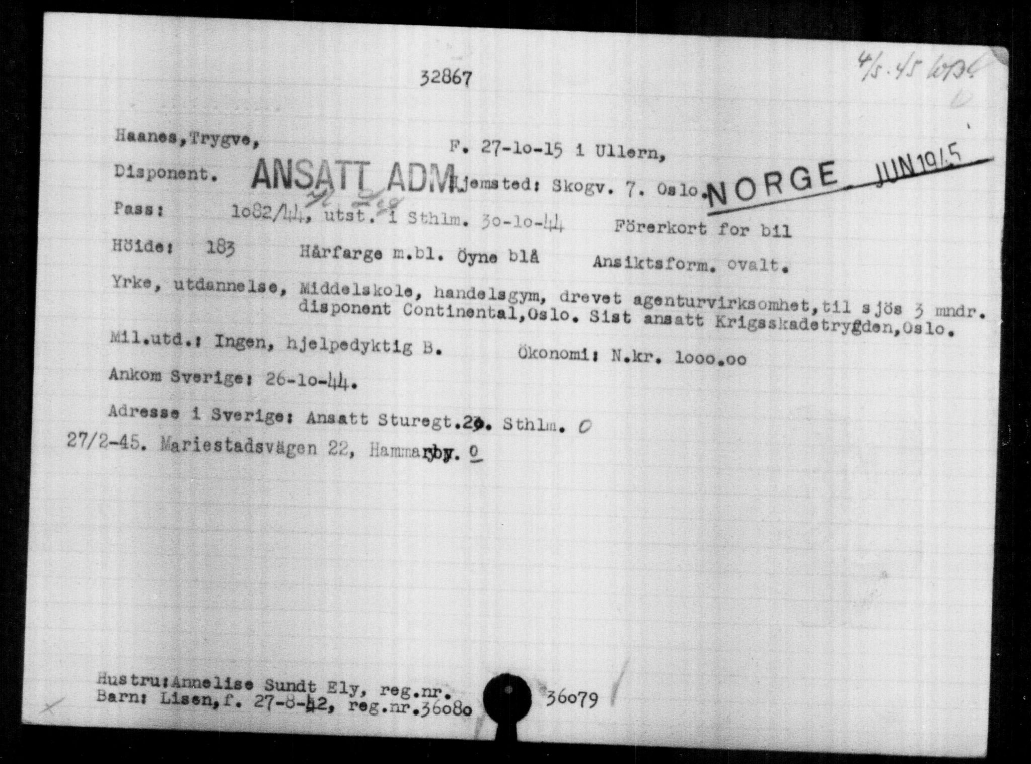 Utenriksstasjonene, Legasjonen i Stockholm, Flyktningkontoret, AV/RA-S-6753/V/Va/L0013: Kjesäterkartoteket, flyktninger med registreringsnr. 31500-34731, 1940-1945, p. 1428