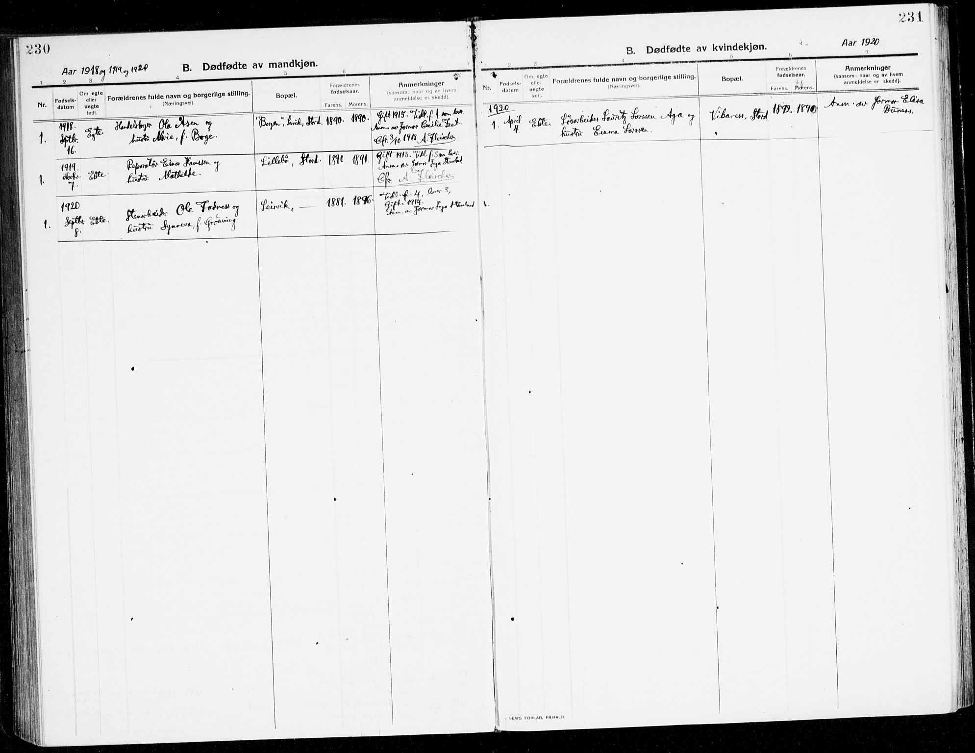 Stord sokneprestembete, SAB/A-78201/H/Haa: Parish register (official) no. B 3, 1913-1925, p. 230-231