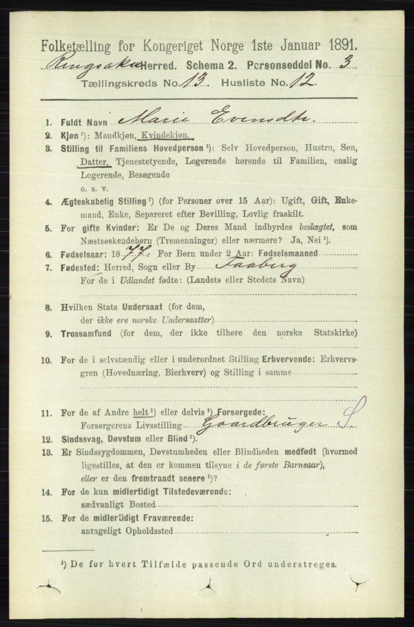 RA, 1891 census for 0412 Ringsaker, 1891, p. 7273